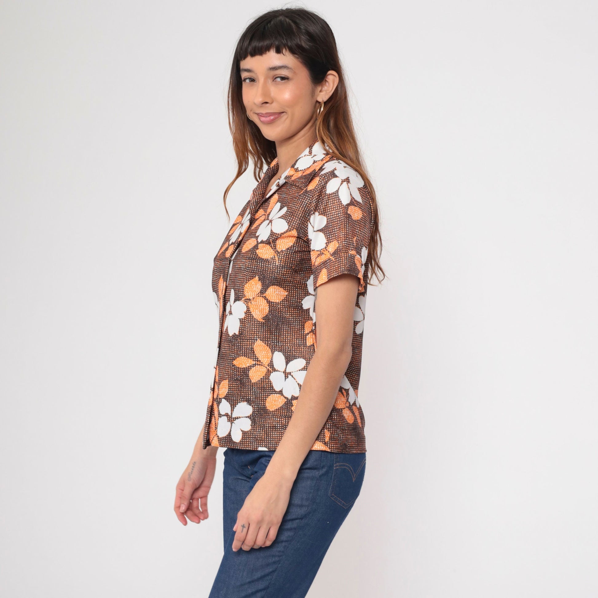 70s Floral Button Up Blouse Brown Orange White Short Sleeve Small Medium