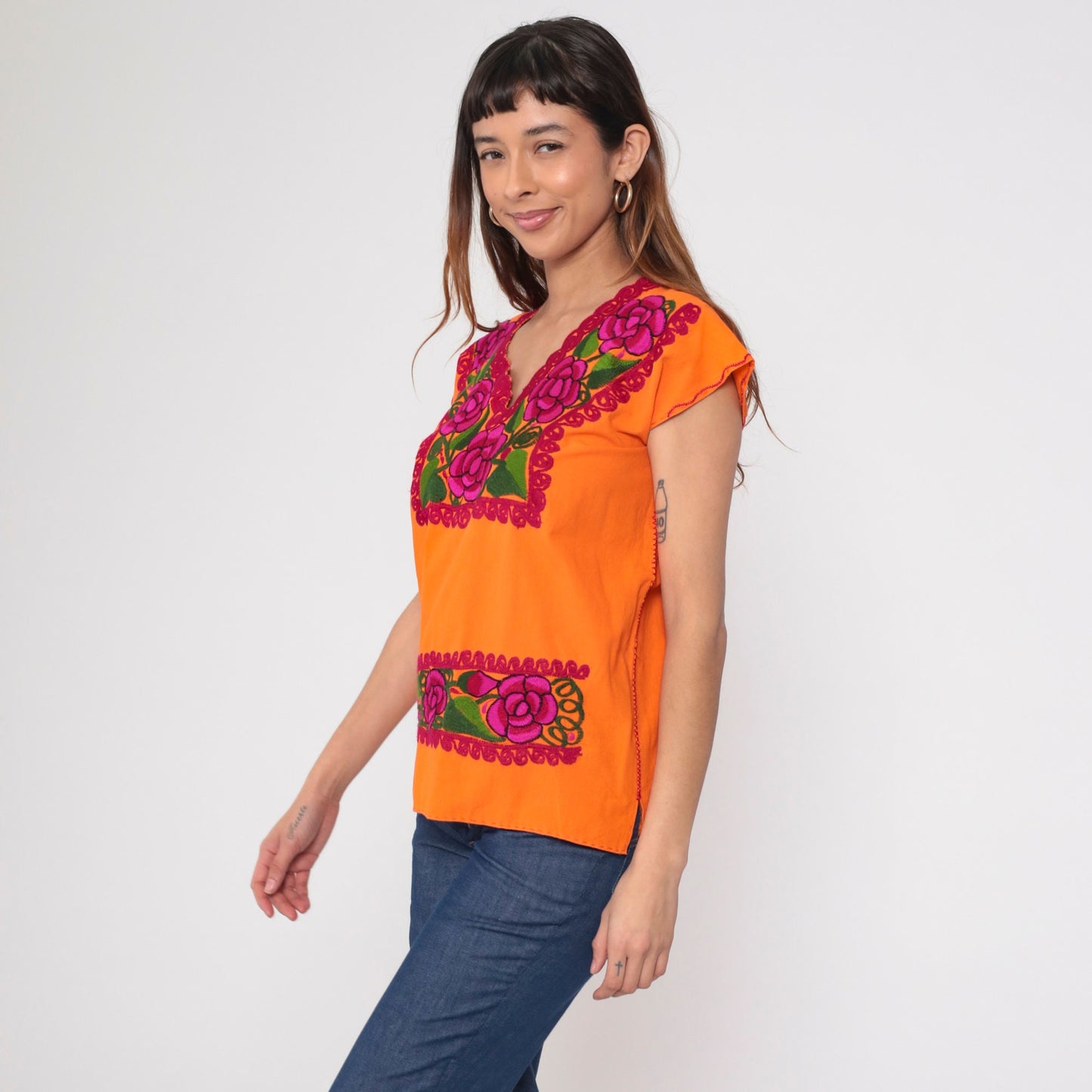 90s Orange Floral Mexican Embroidered Blouse Short Sleeve Cotton Tunic Medium