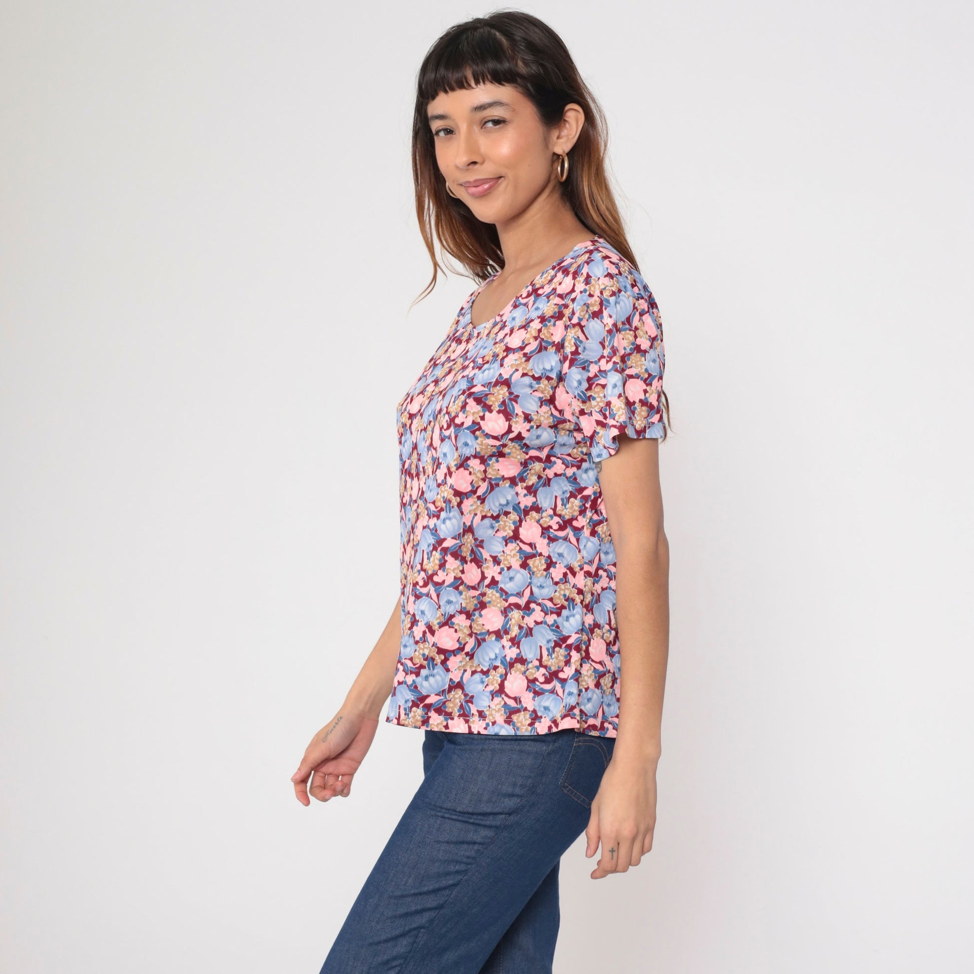 70s Floral Print Blouse Pink Blue Burgundy Short Sleeve Top Large