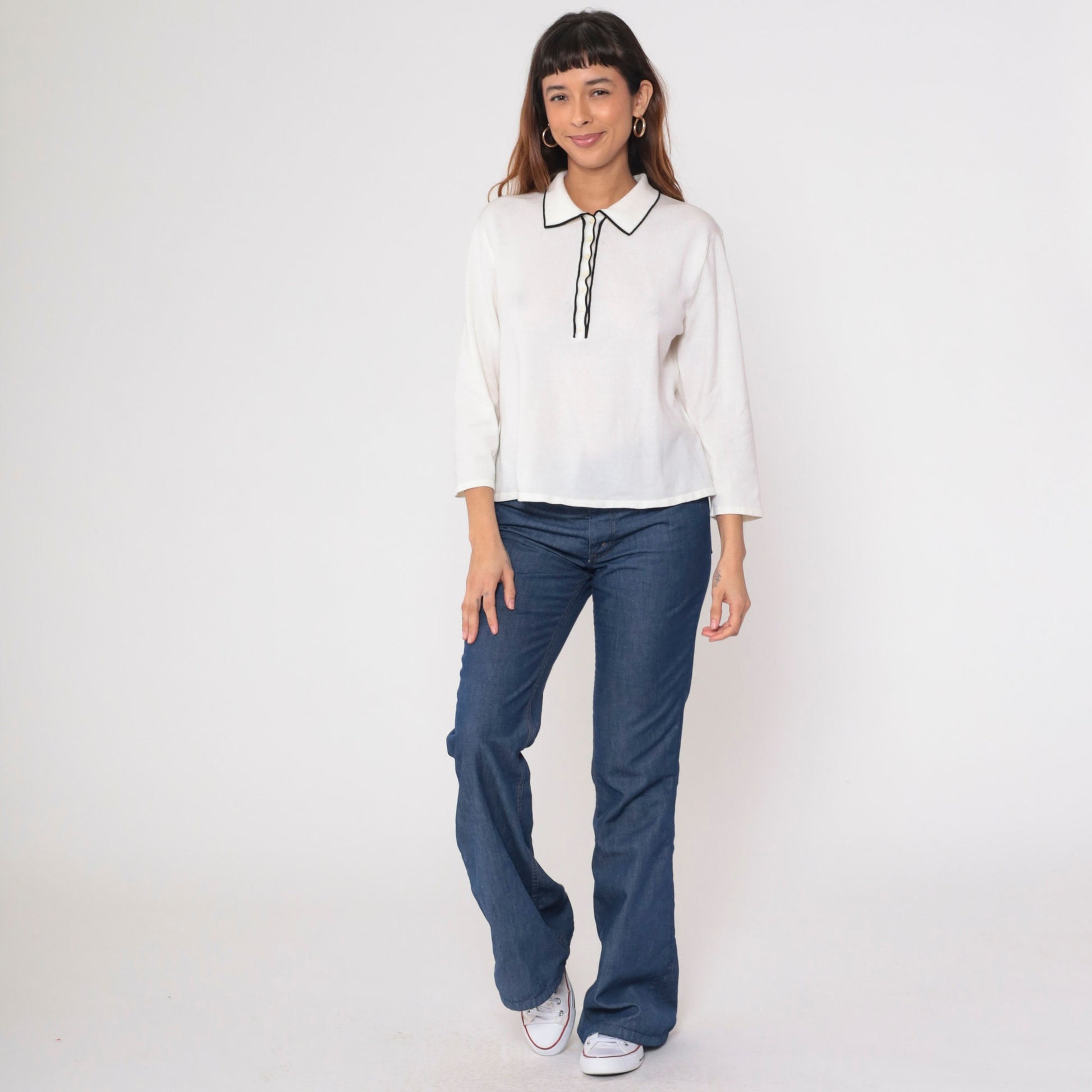 90s White Polo Sweater Black Trim Collared Knit Pullover Medium M