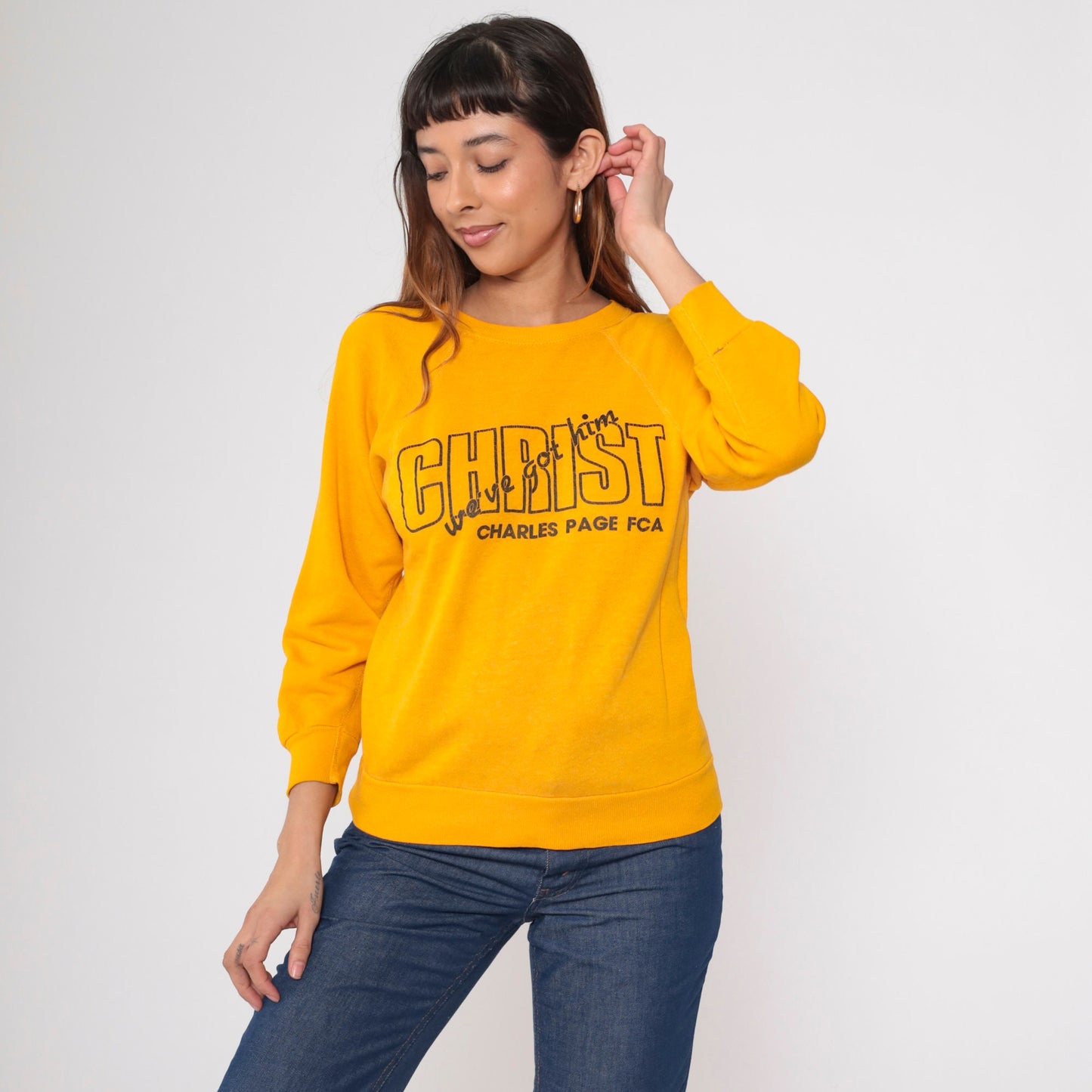 80s Christian FCA Sweatshirt 'Christ We've Got Him' Yellow Raglan Extra Small