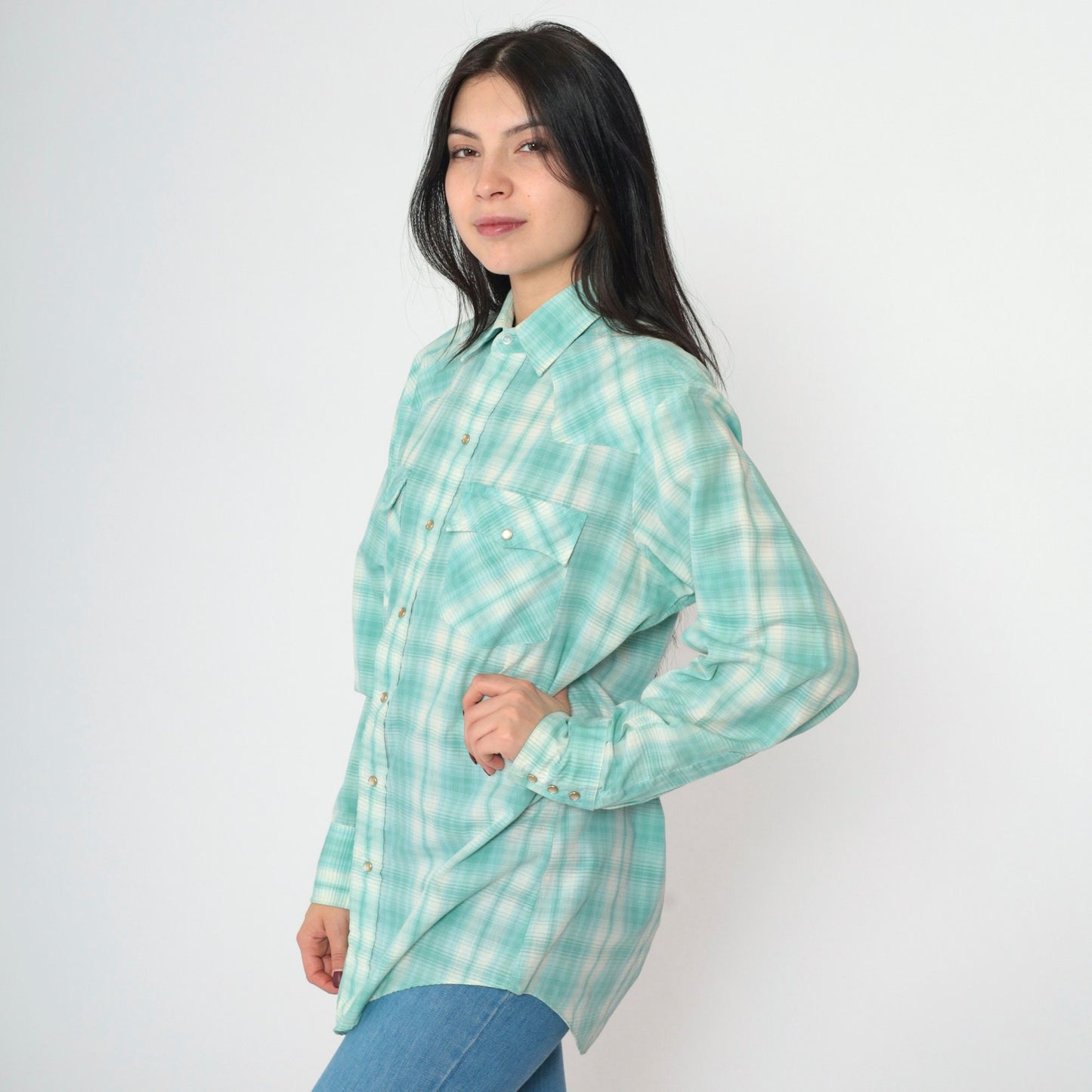 90s Mervyn's Western Shirt Seafoam Plaid Pearl Snap Men's Medium