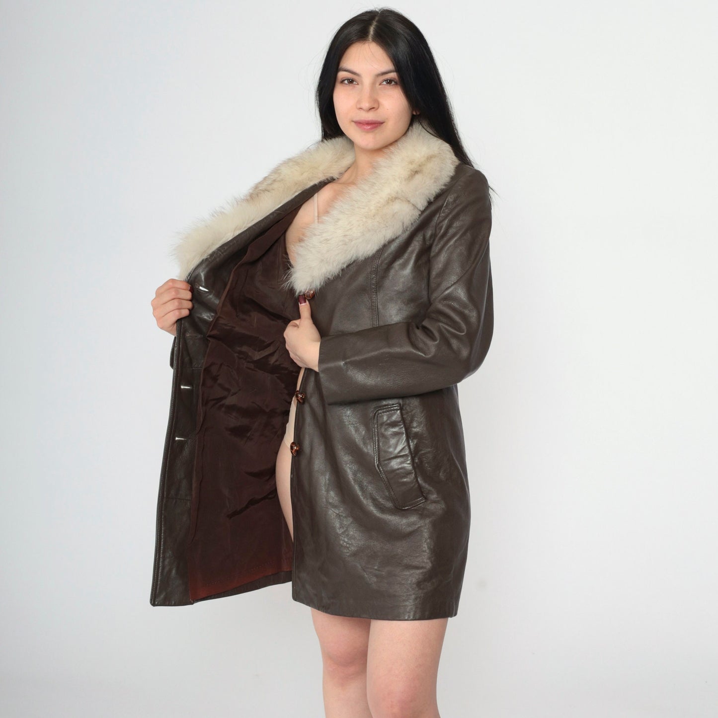 70s Brown Leather Jacket Fur Collar Button-Up Tailored Small S