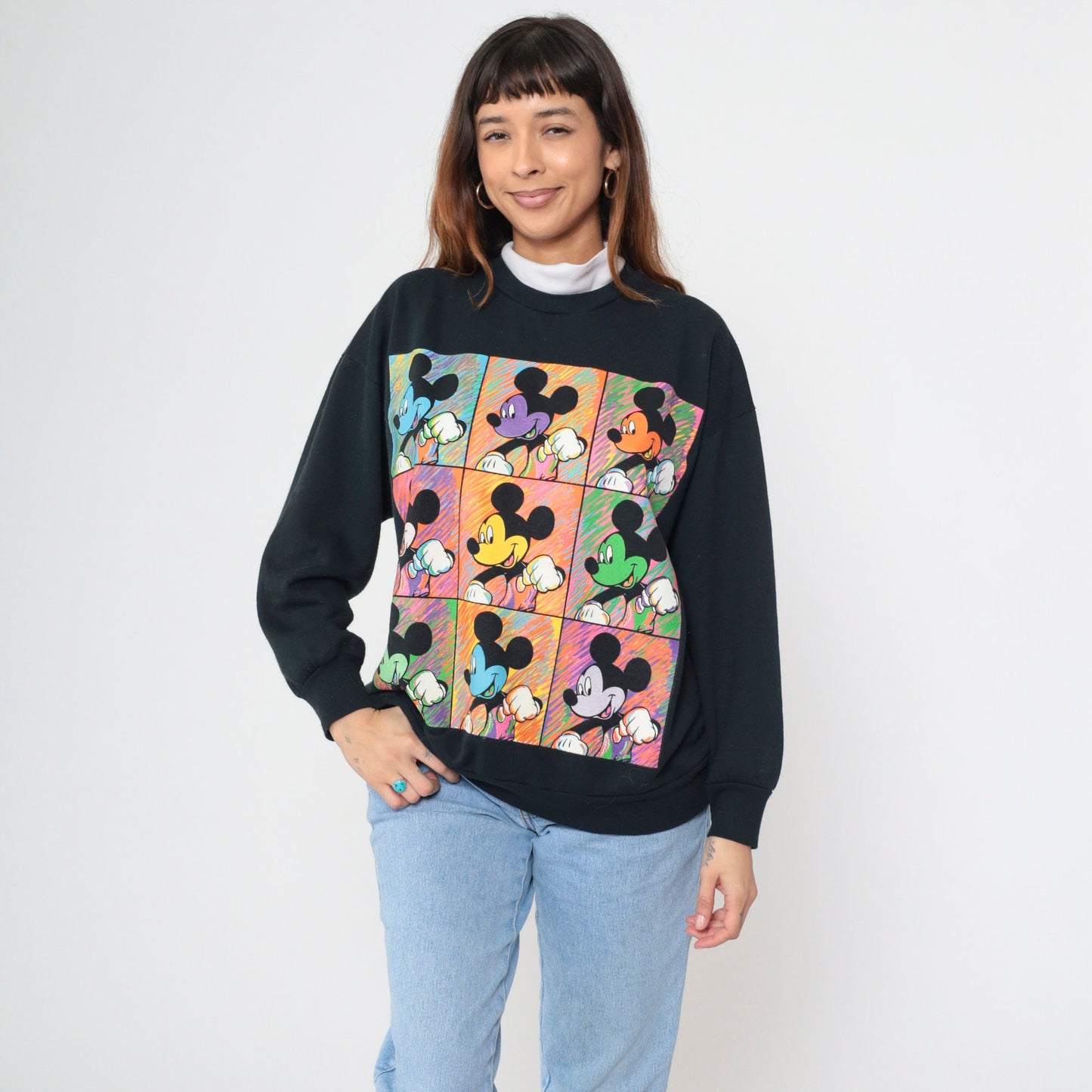 90s Mickey Mouse Turtleneck Sweatshirt Black Disney Embroidered Large