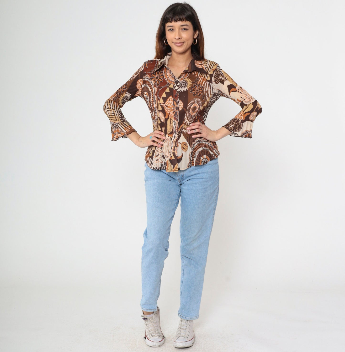 Y2K Brown Patchwork Geometric Floral Button-Up Blouse Bell Sleeve Medium