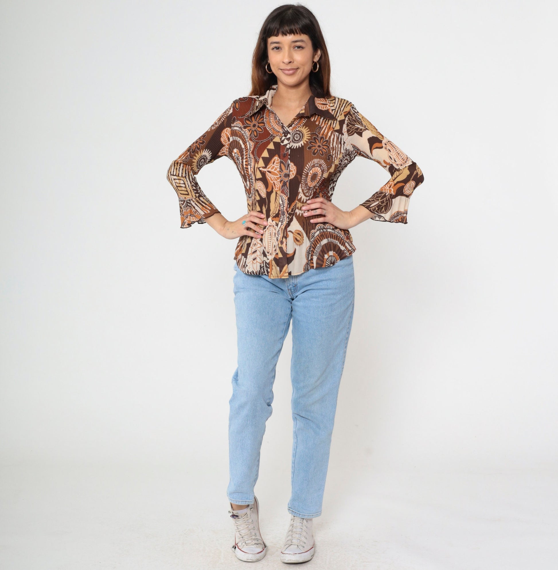 Y2K Brown Patchwork Geometric Floral Button-Up Blouse Bell Sleeve Medium