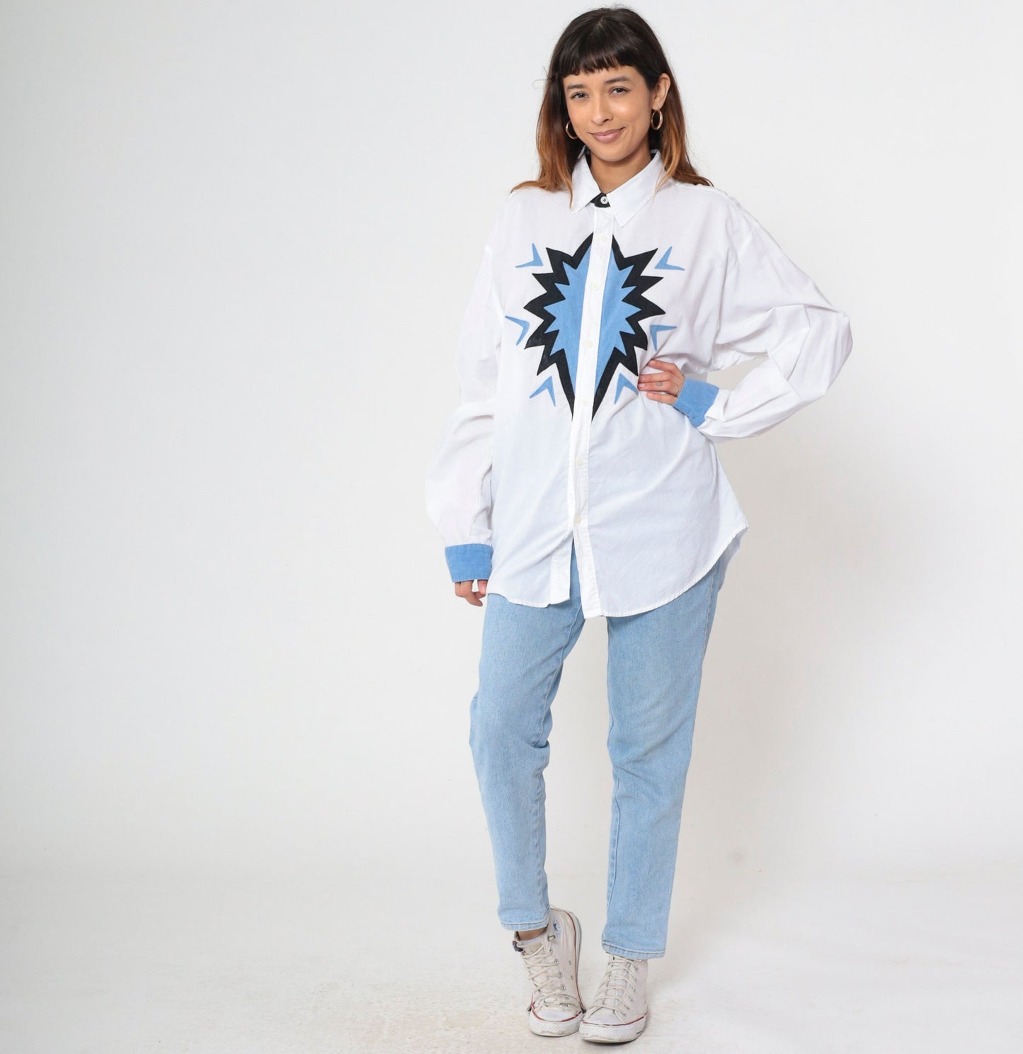 Y2K Southwestern Graphic Western Button-Up Shirt White Cotton Extra Large XXL