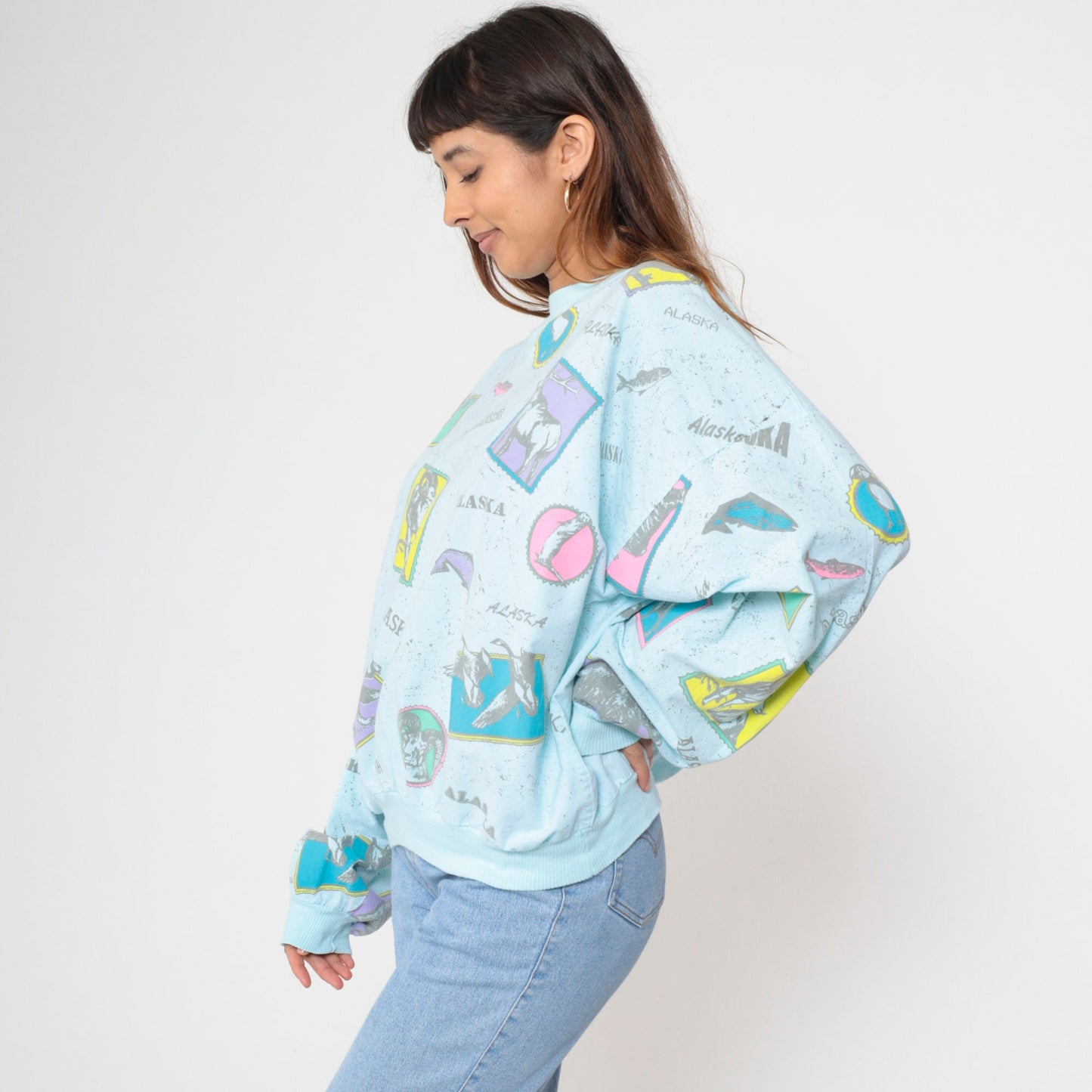80s Alaska Wildlife Graphic Sweatshirt Light Blue Cotton Pullover Extra Large XL