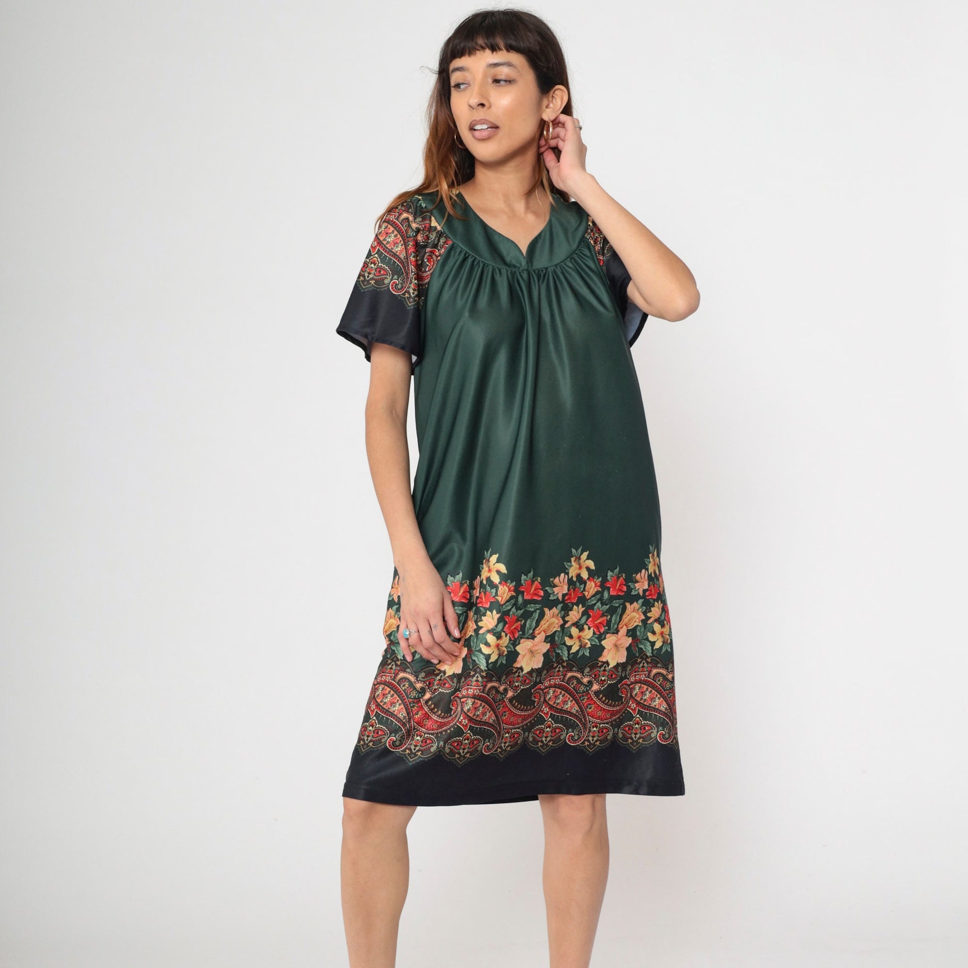 70s Dark Green Floral Paisley Tent Dress Midi Pockets Short Sleeve Extra Large