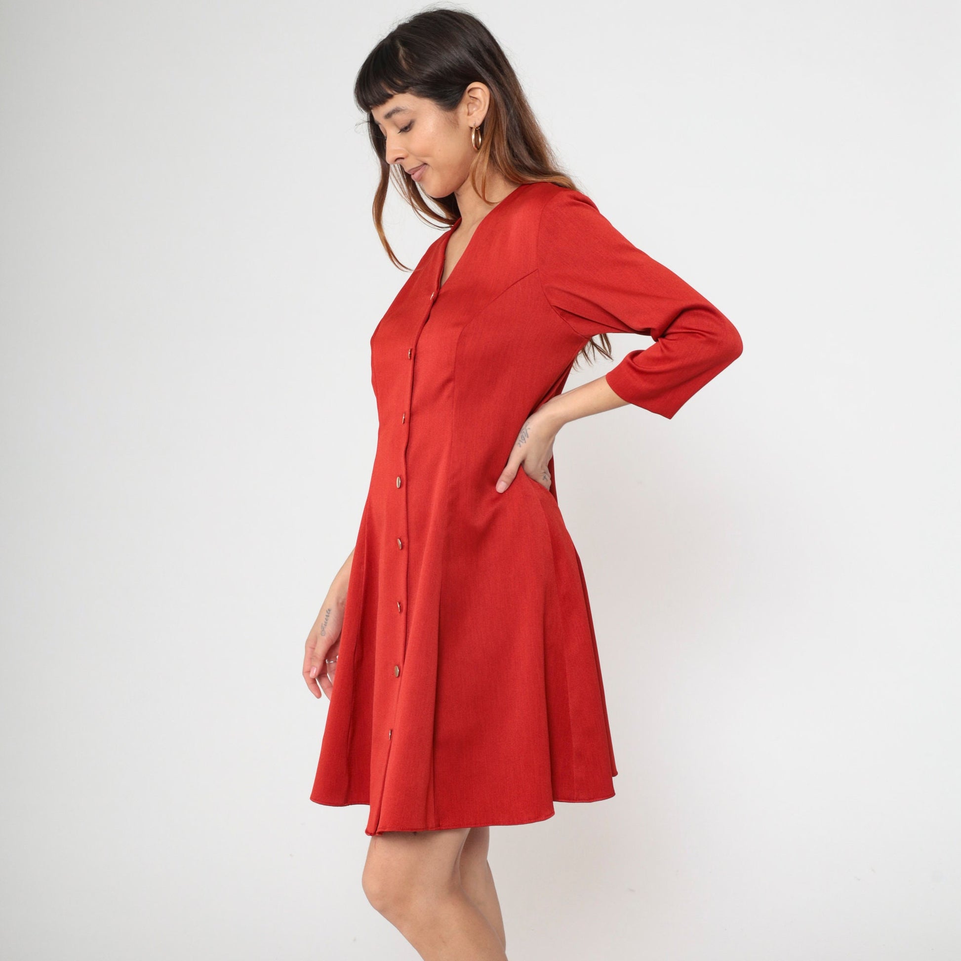 80s Red Button-Up Shirtdress V-Neck Princess Seam Flare Large