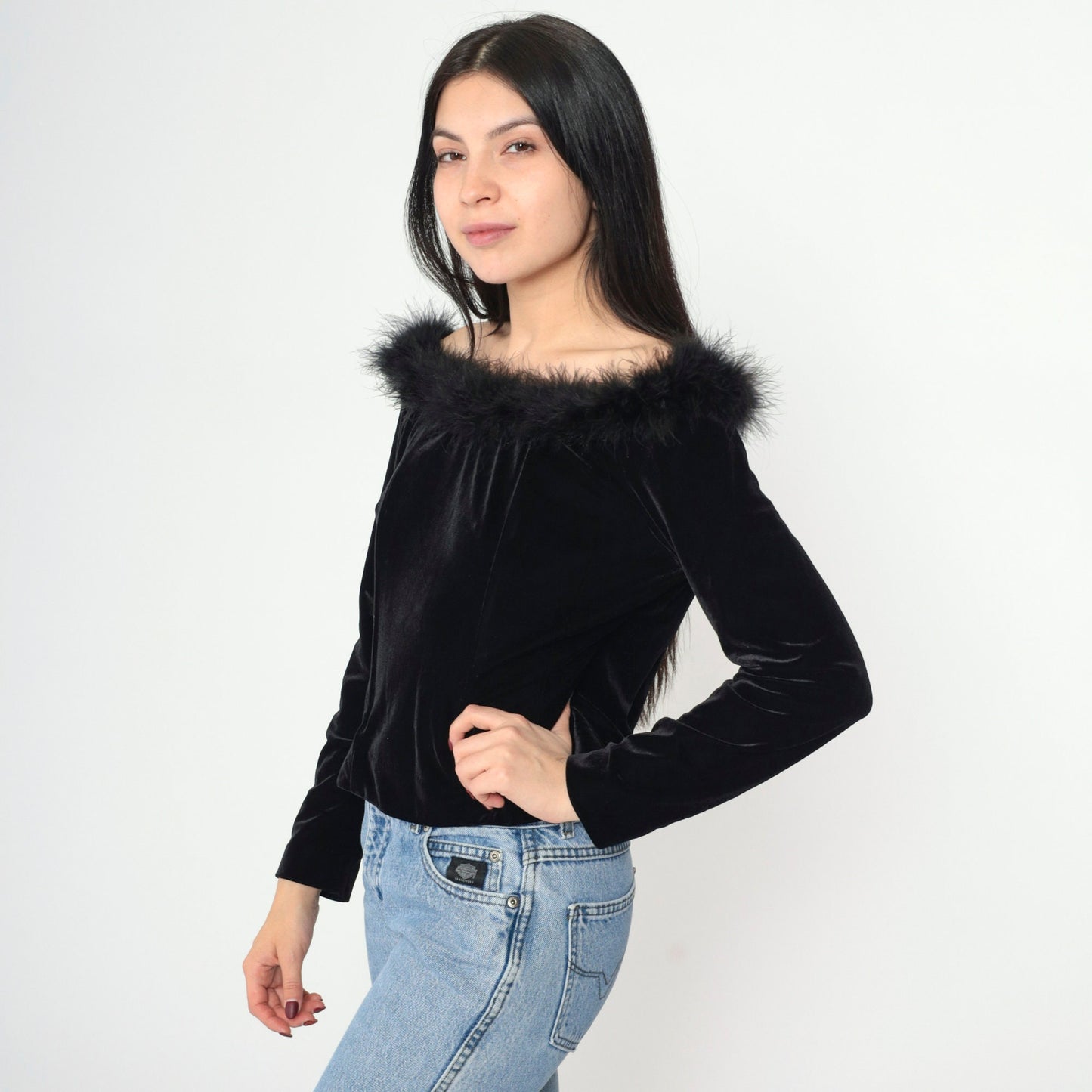 90s Alex Evenings Black Velvet Off-Shoulder Blouse Feather Trim Long Sleeve Large