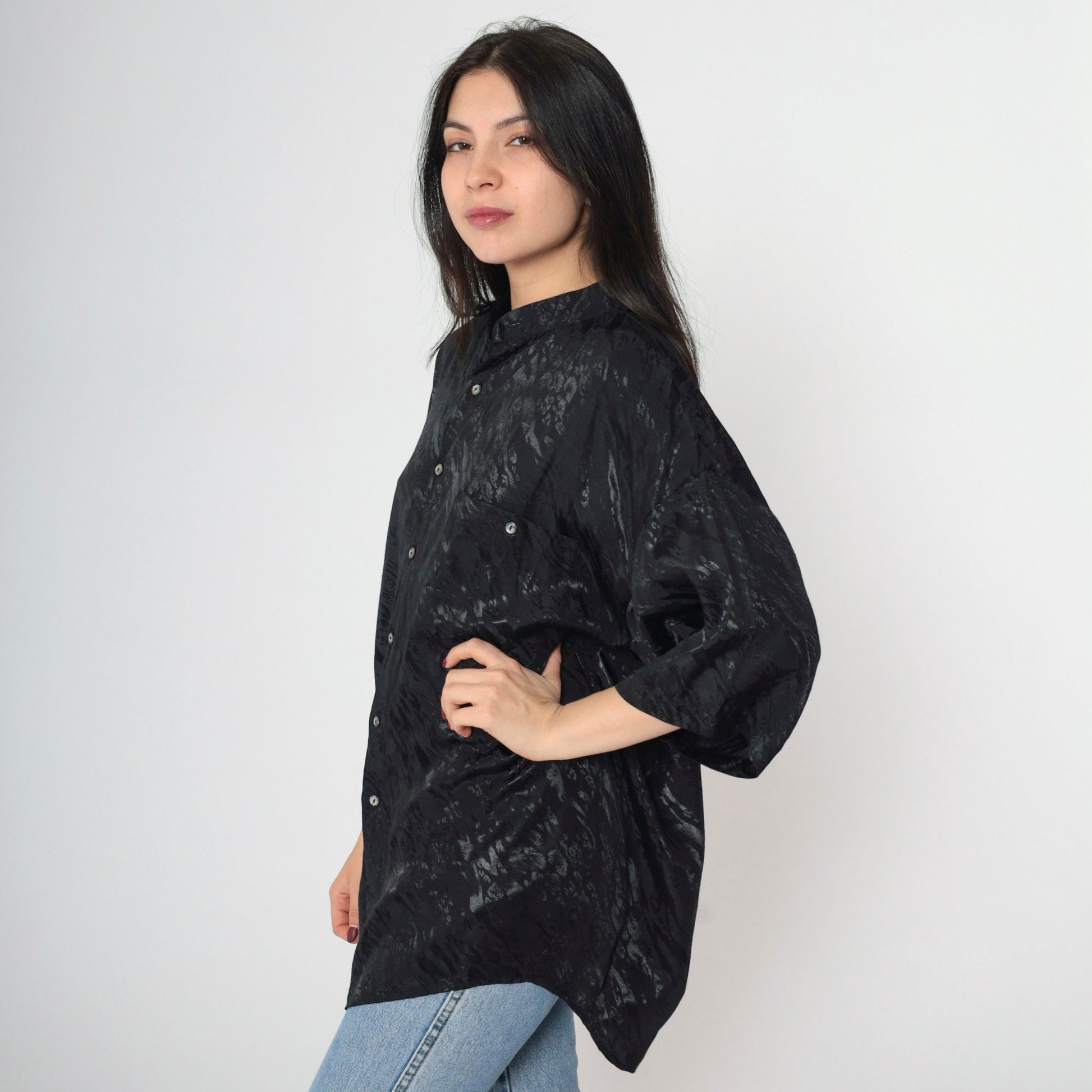 90s Animal Print Shiny Black Button-Up Shirt Zebra Leopard Stripe Large L