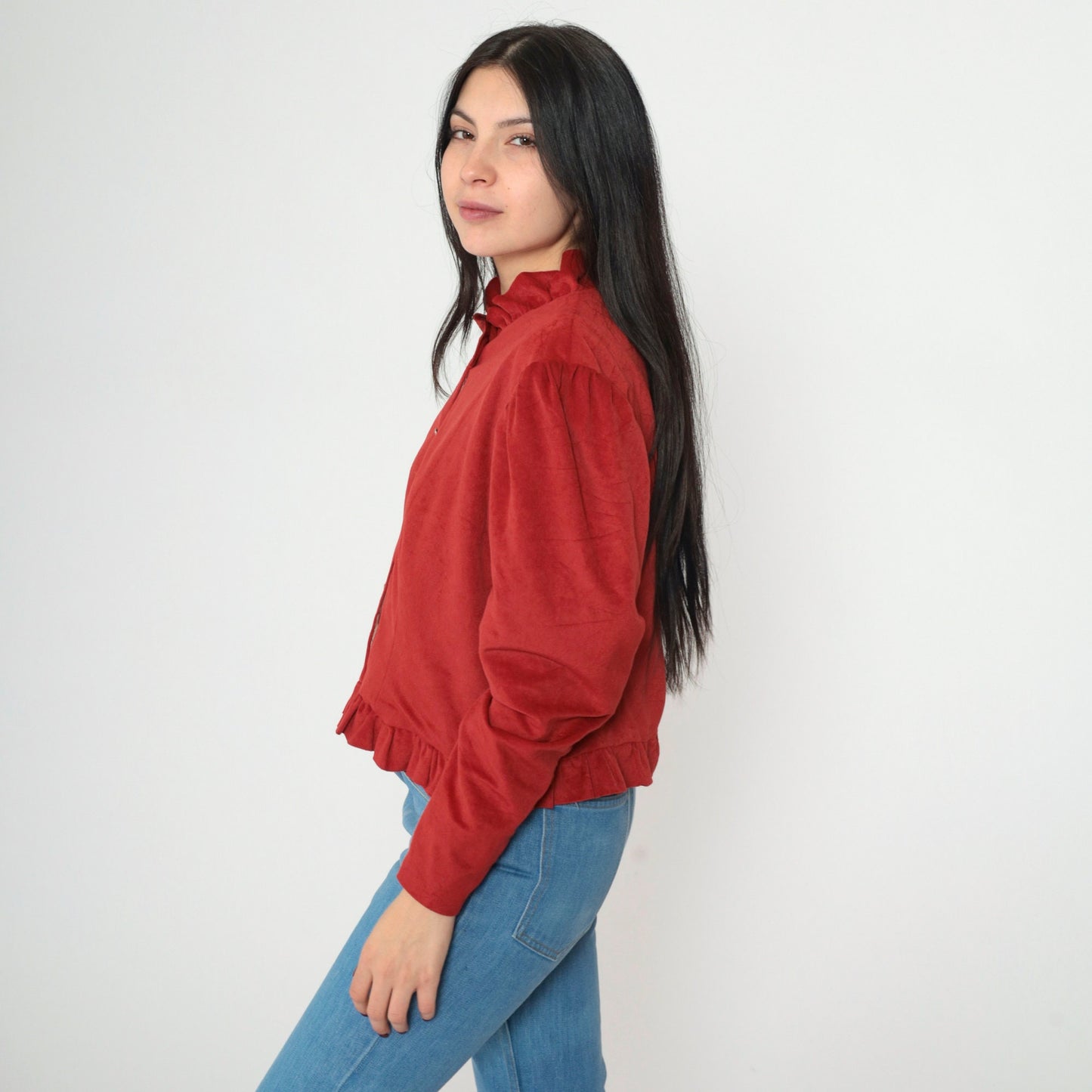 70s Red Velour Button-Up Blouse Puff Sleeve Ruffled Heart Medium