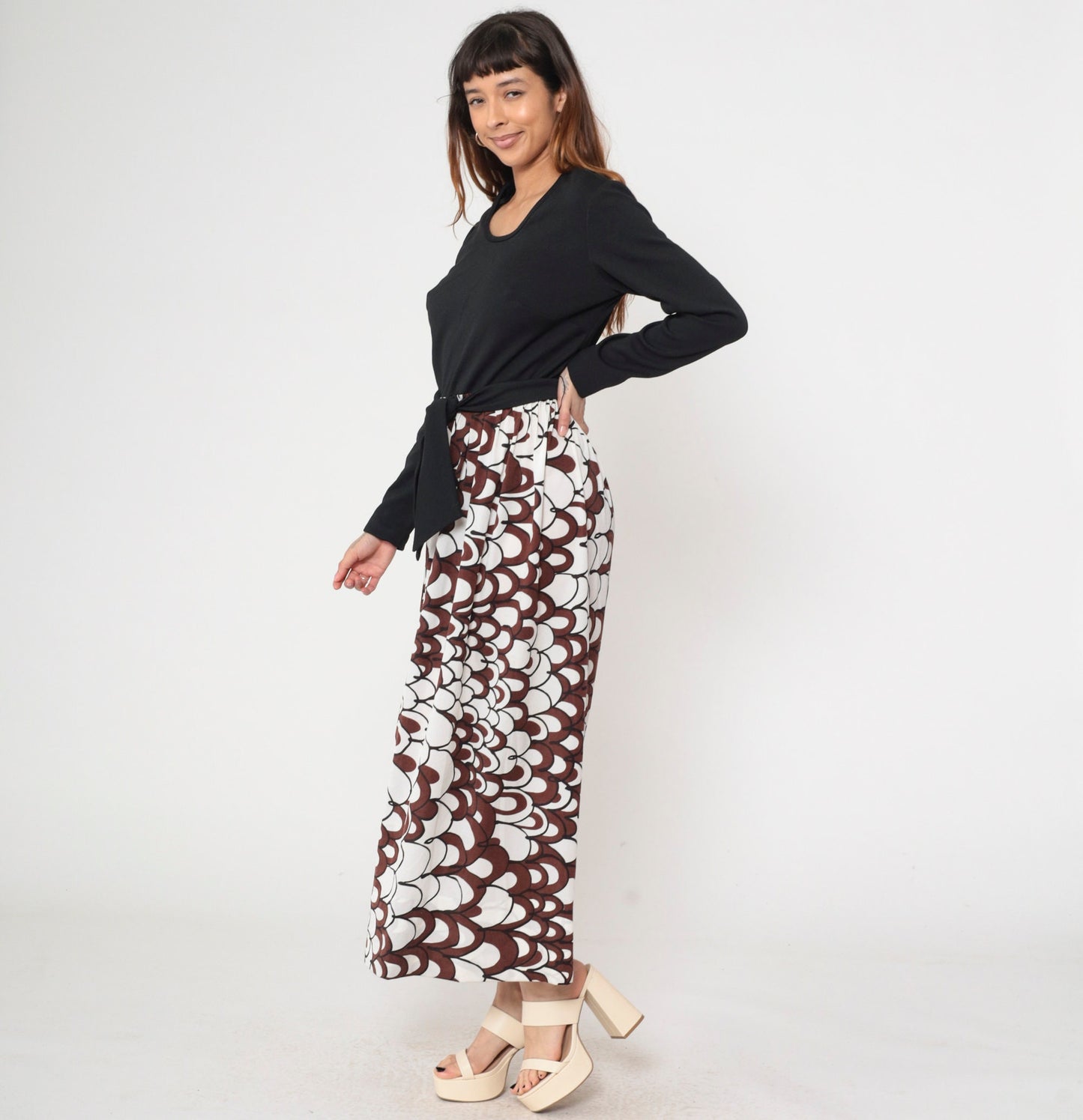 70s Psychedelic Brown White Maxi Dress A-Line High Waist Long Sleeve Large L