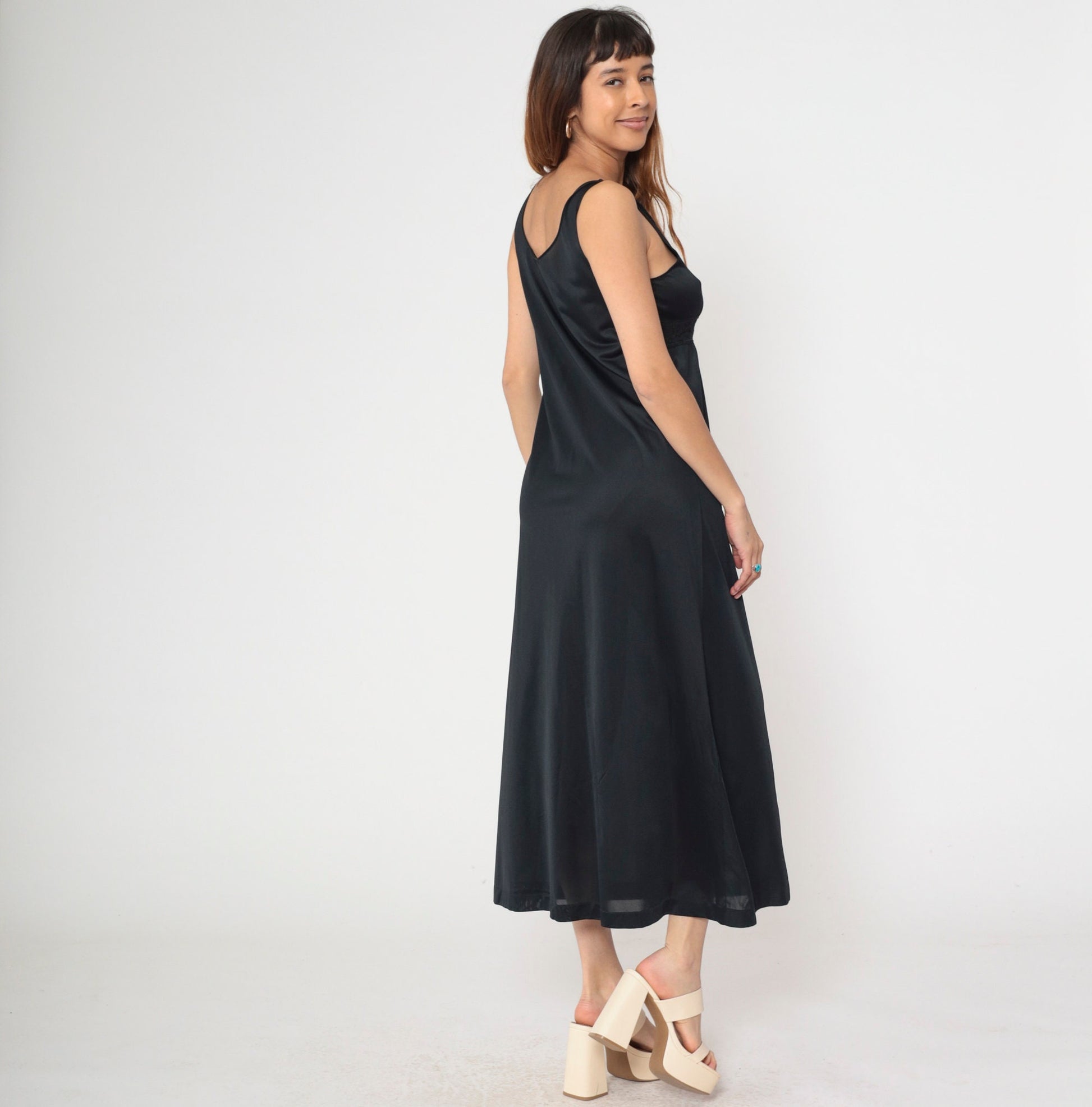 70s Black Nylon Maxi Slip Dress Empire Waist V Neck Lace Trim Medium