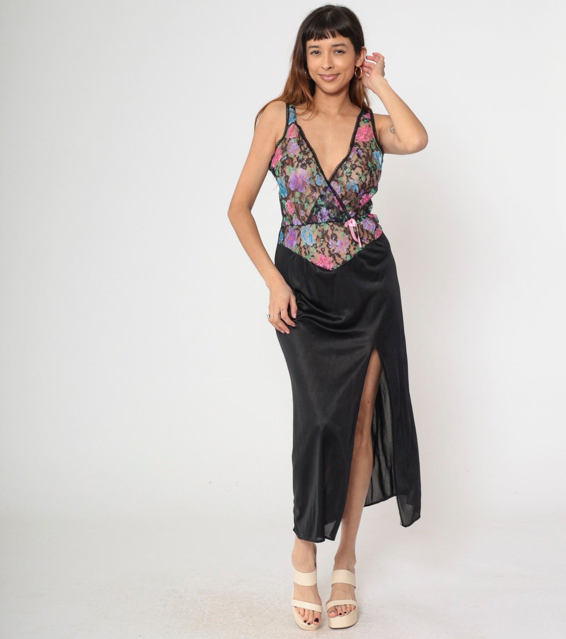 80s Floral Lace Black Maxi Slip Dress Deep V Neck Side Slit Nightgown Small