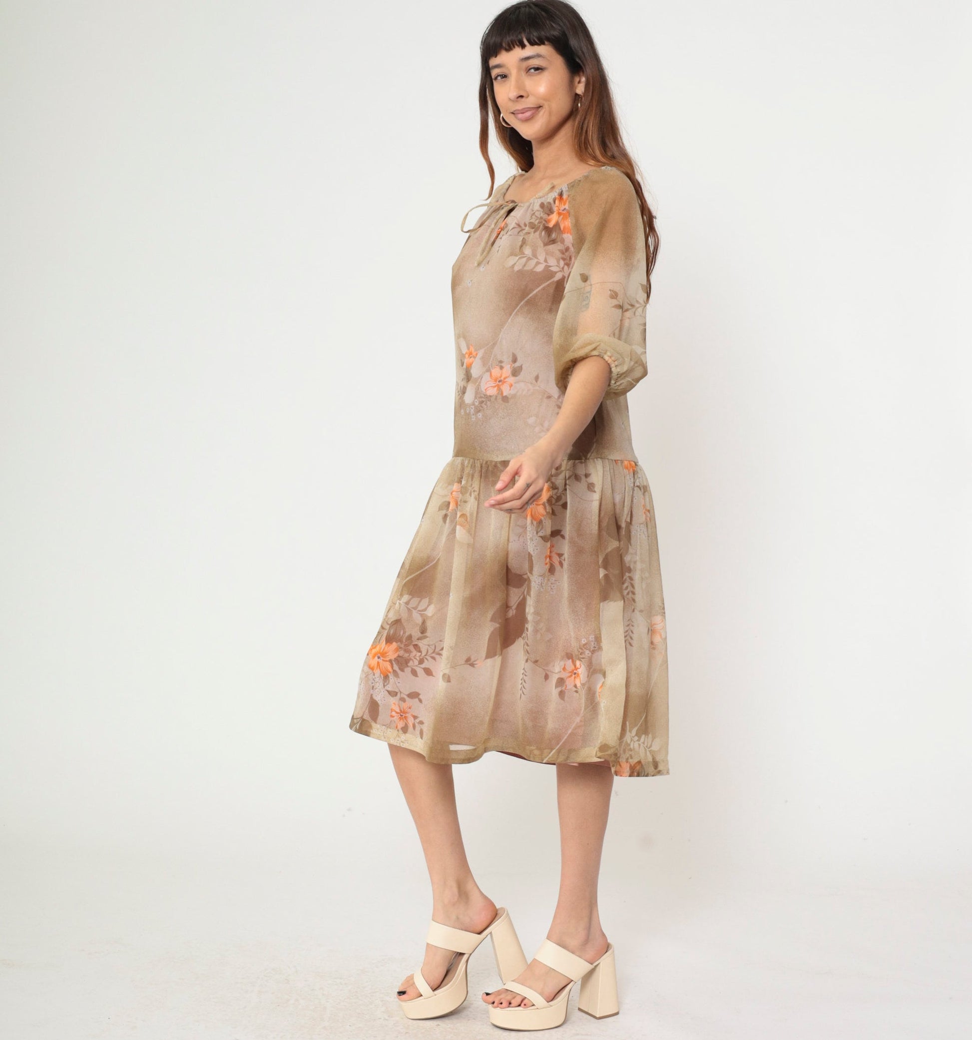 70s Brown Floral Midi Dress Keyhole Bow Neckline Drop Waist Medium
