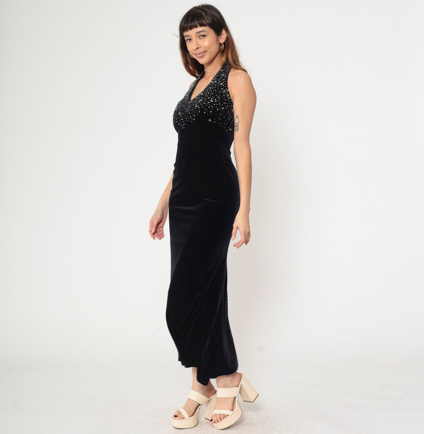 90s Dave & Johnny Black Velvet Halter Maxi Dress Beaded Sequin Sheath Extra Small