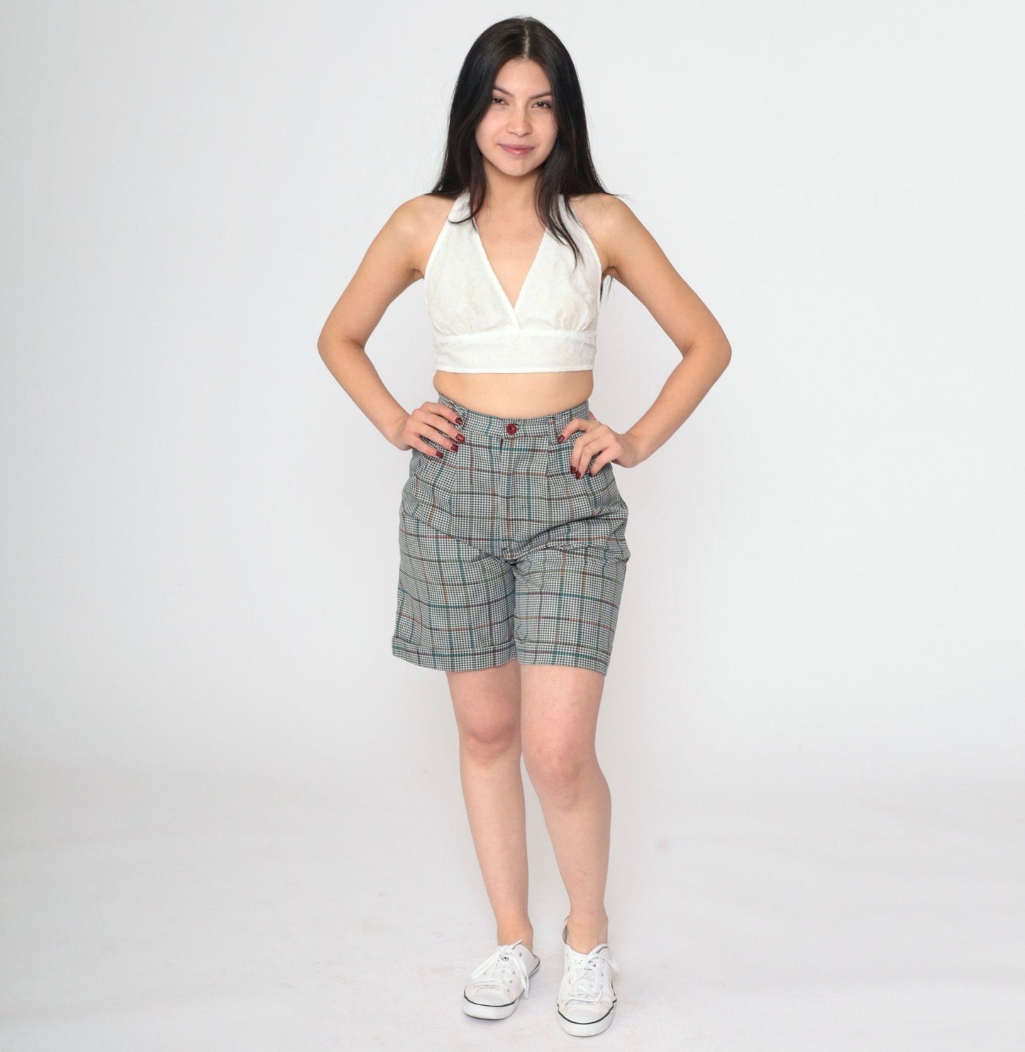 80s Houndstooth High-Waisted Shorts Black White Pleated Extra Small XS