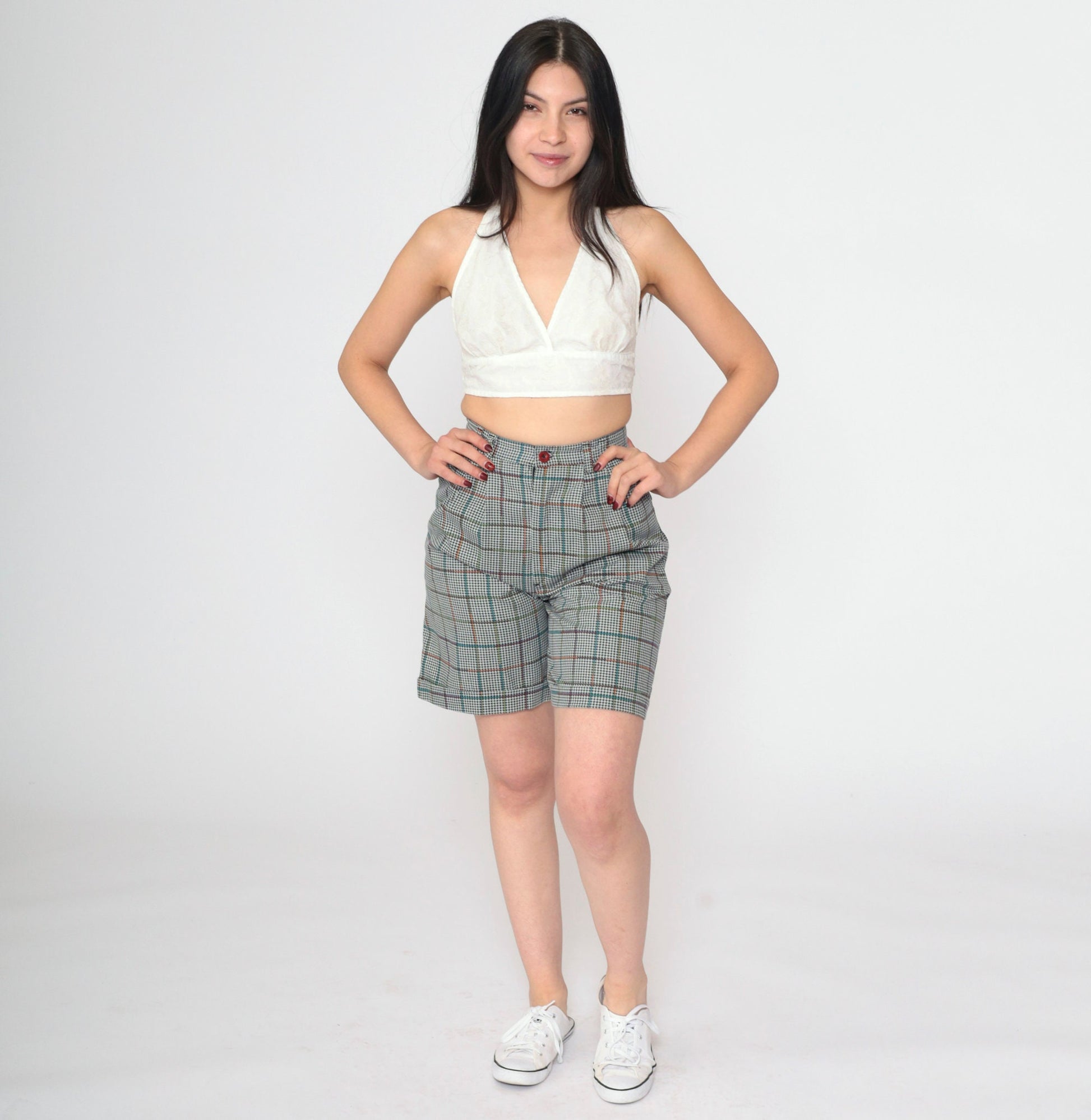 80s Houndstooth High-Waisted Shorts Black White Pleated Extra Small XS