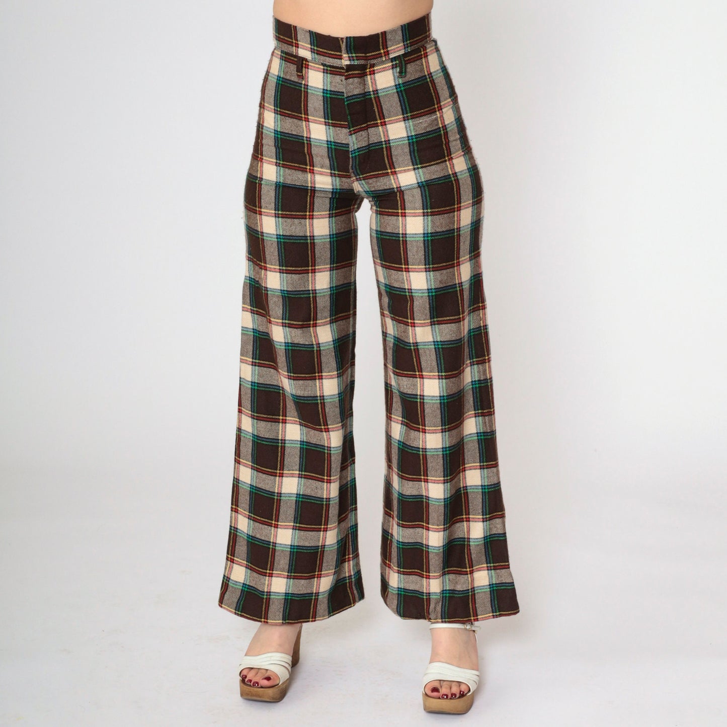 70s Dark Brown Plaid Flared Trousers High Waisted Bell Bottoms Extra Small