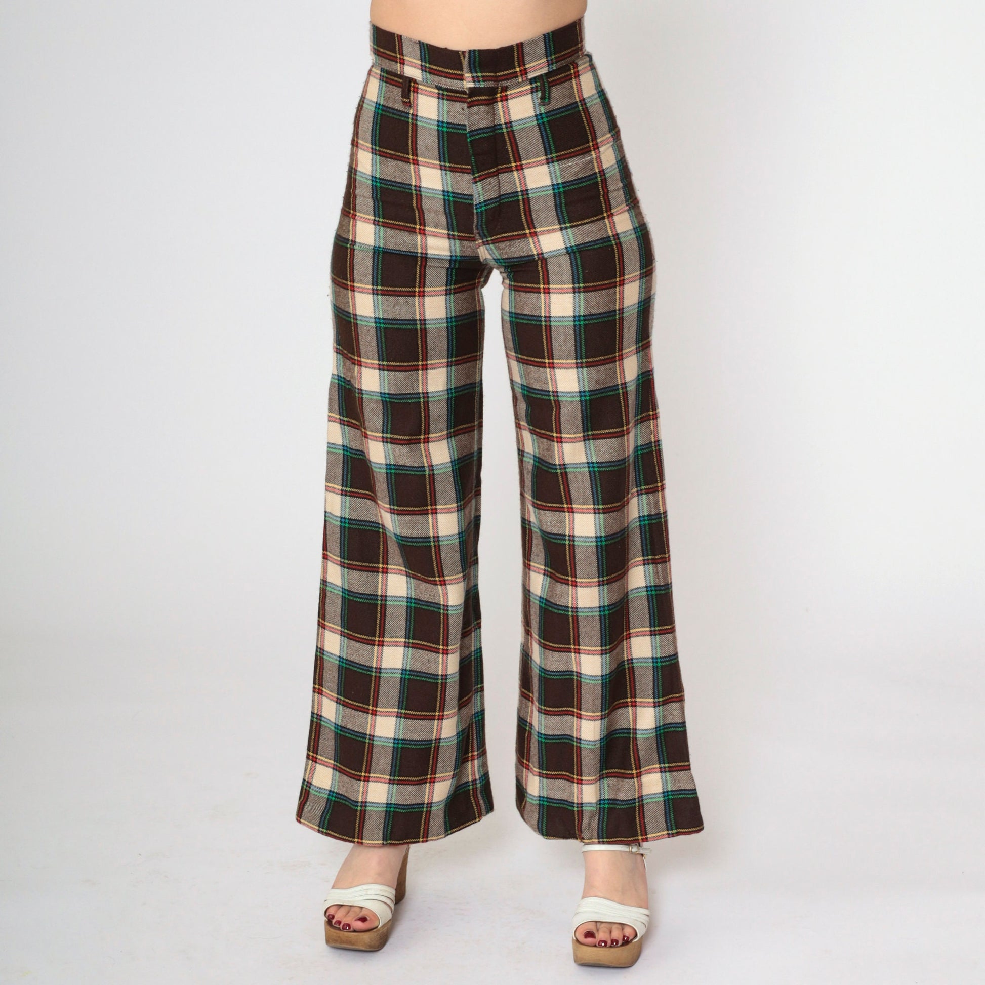 70s Dark Brown Plaid Flared Trousers High Waisted Bell Bottoms Extra Small