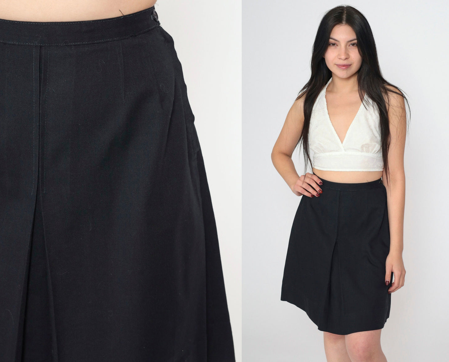 60s Black Pleated Mini Skirt High Waist A-Line Side Zip Extra Small