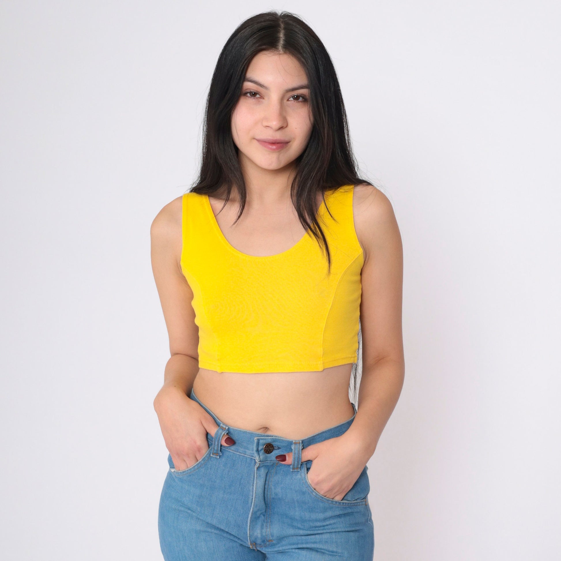 90s Yellow Scoop Neck Crop Tank Top Tight Fitted Small