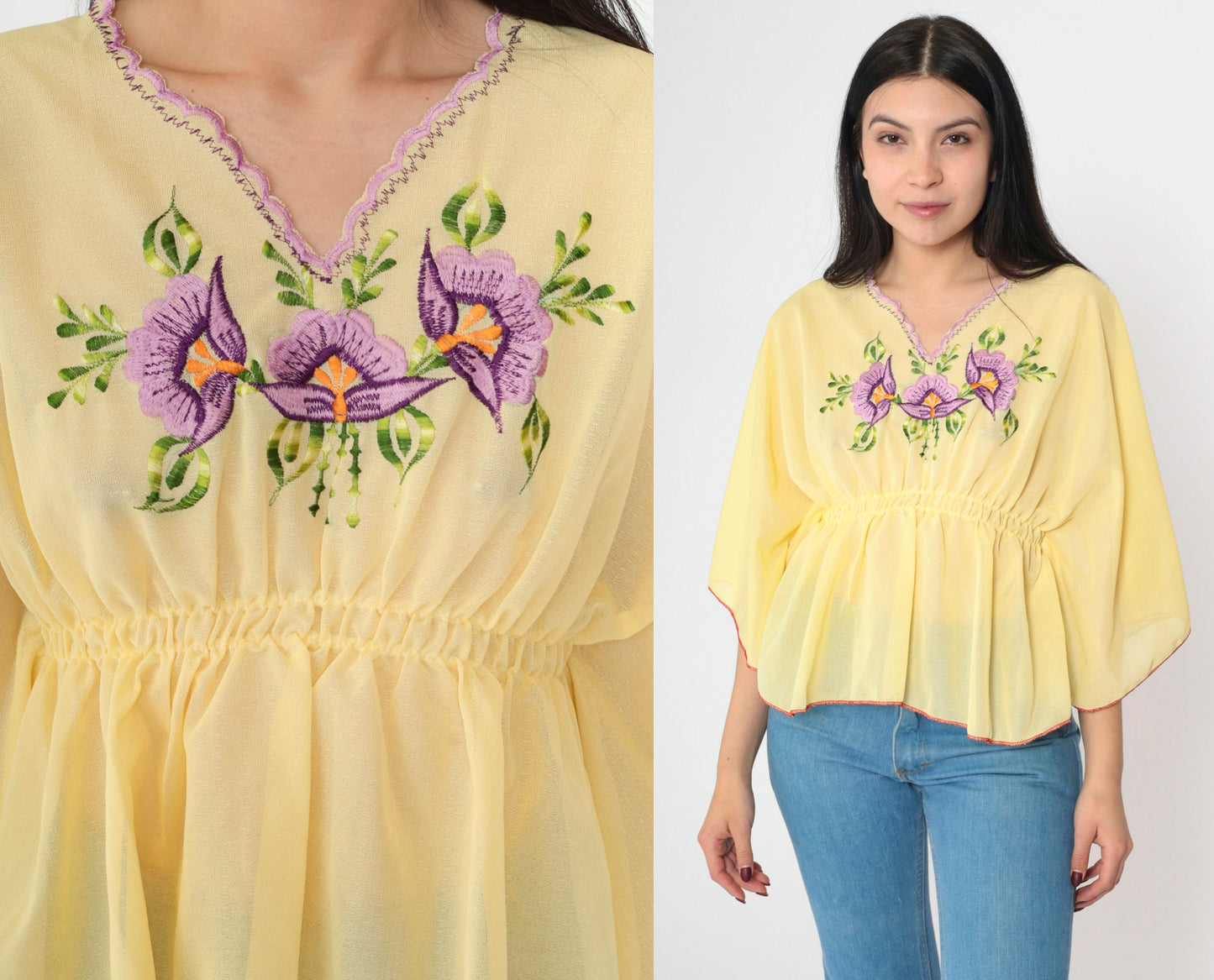 70s Yellow Floral Embroidered Caftan Top Sheer V-Neck Small Medium