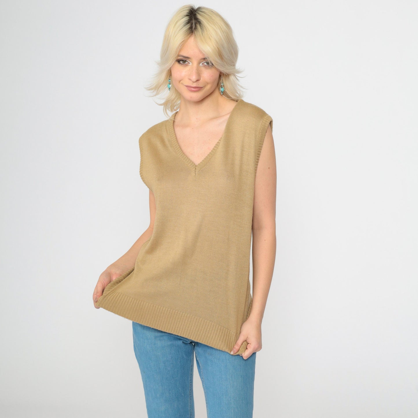 70s Tan Knit Sweater Vest V-Neck Sleeveless Tank Top Medium