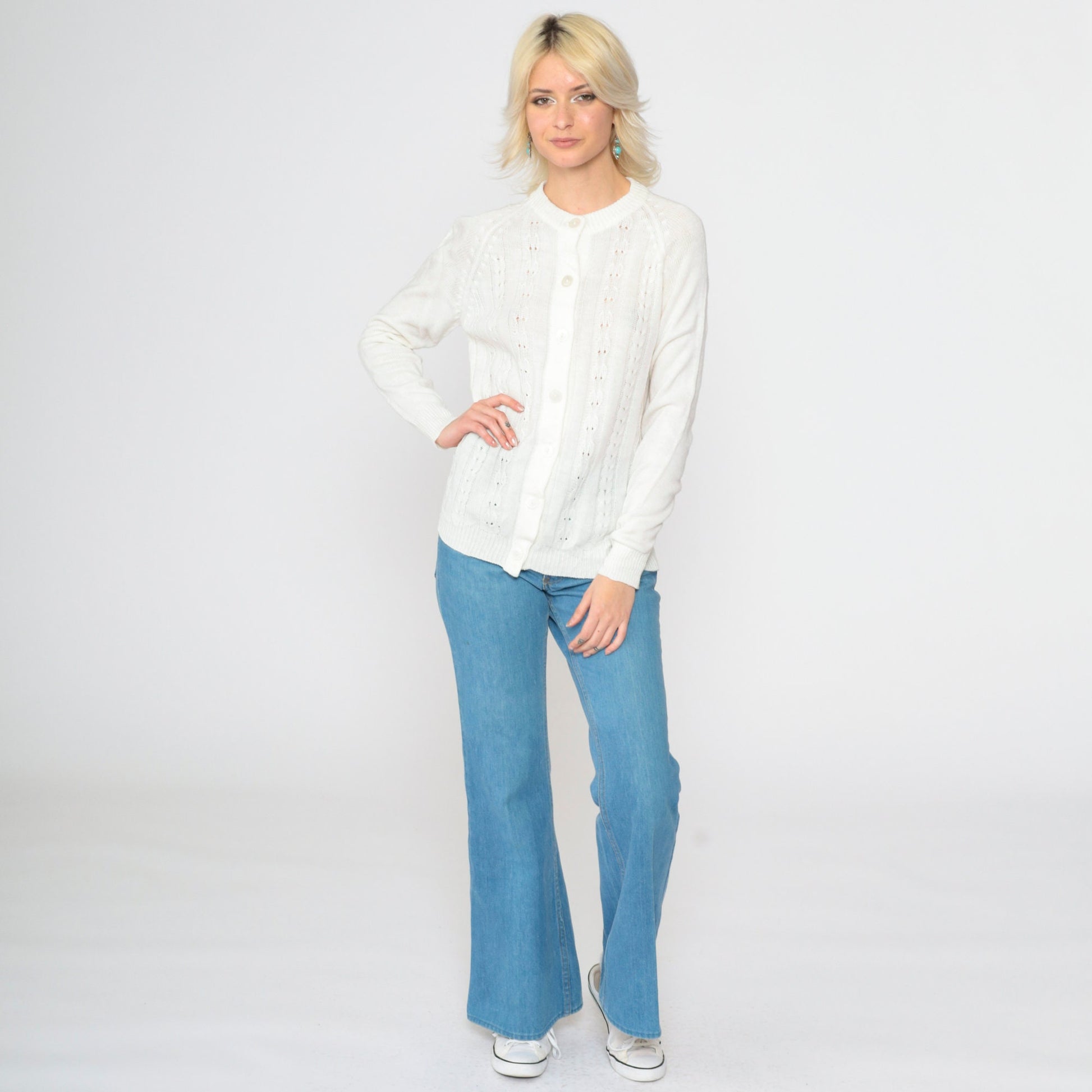 70s White Pointelle Cardigan Open Weave Knit Button Up Raglan Medium