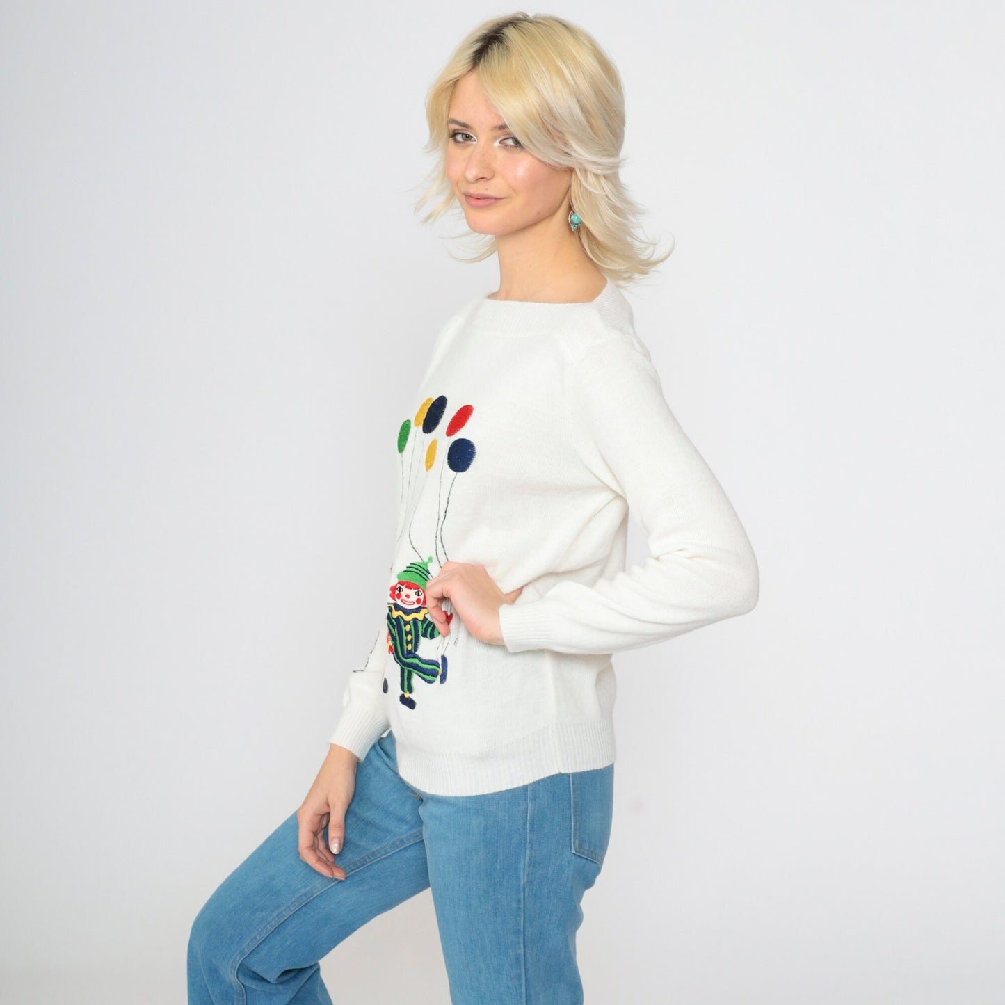 70s Clown Embroidered Sweater White Boatneck Pullover Novelty Small S