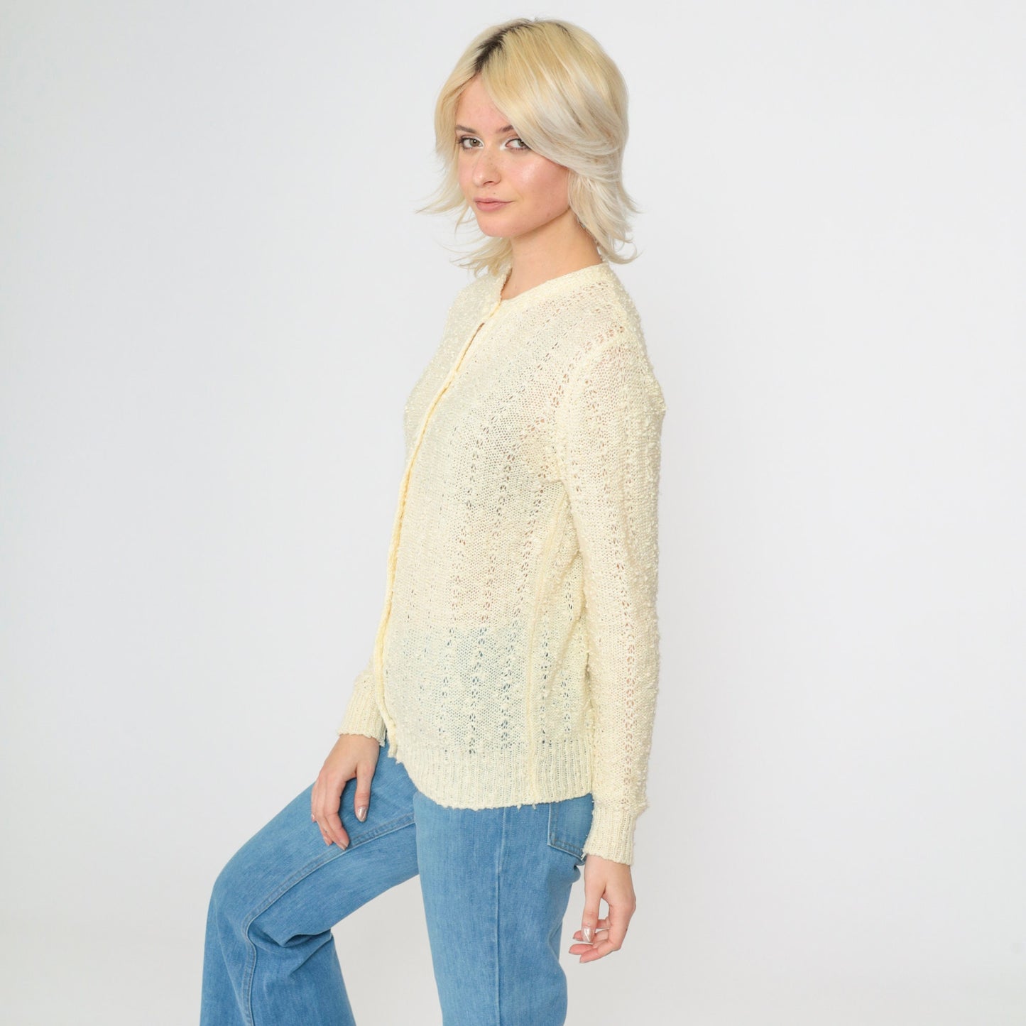 80s Le Roy Knitwear Pale Yellow Cardigan Pearl Buttons Pointelle Knit Small
