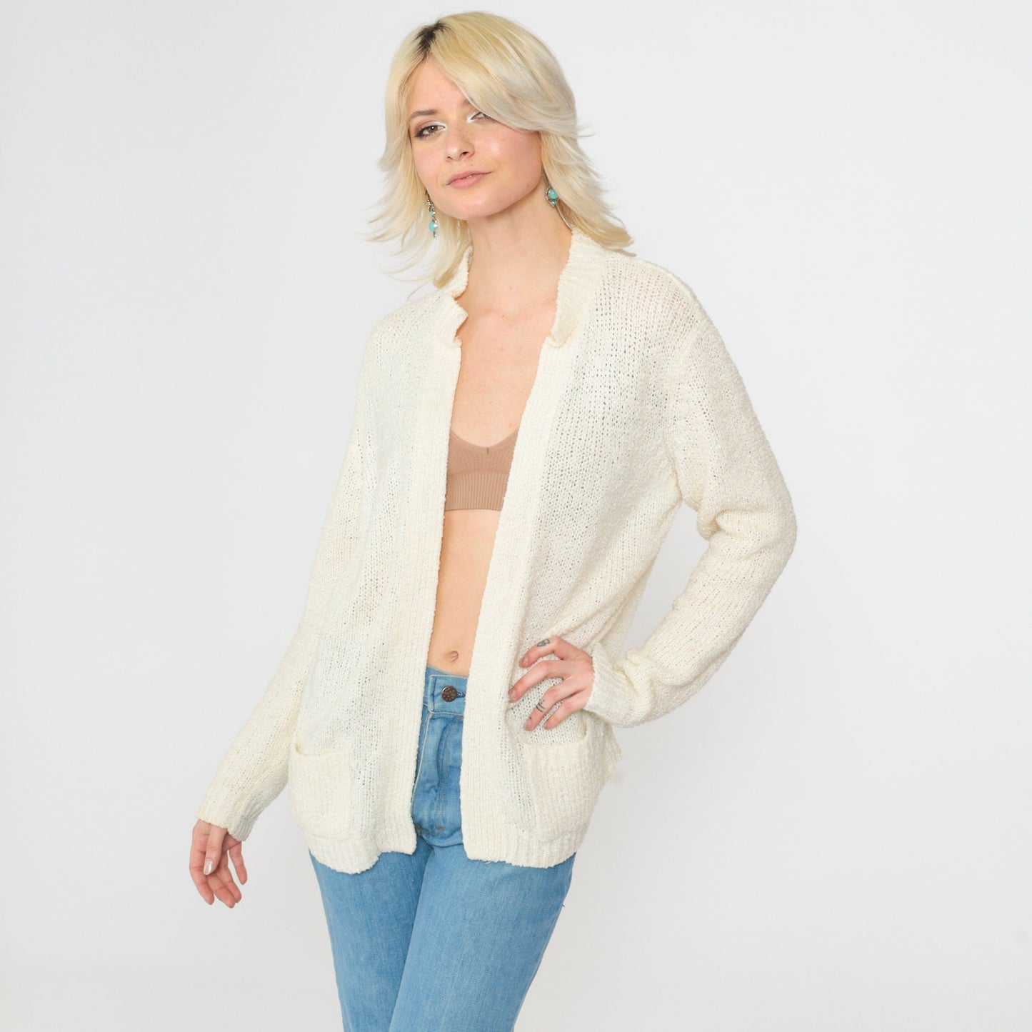 70s Le Roy Knitwear Cream Cardigan Knit Sweater Open Front Pockets Large L
