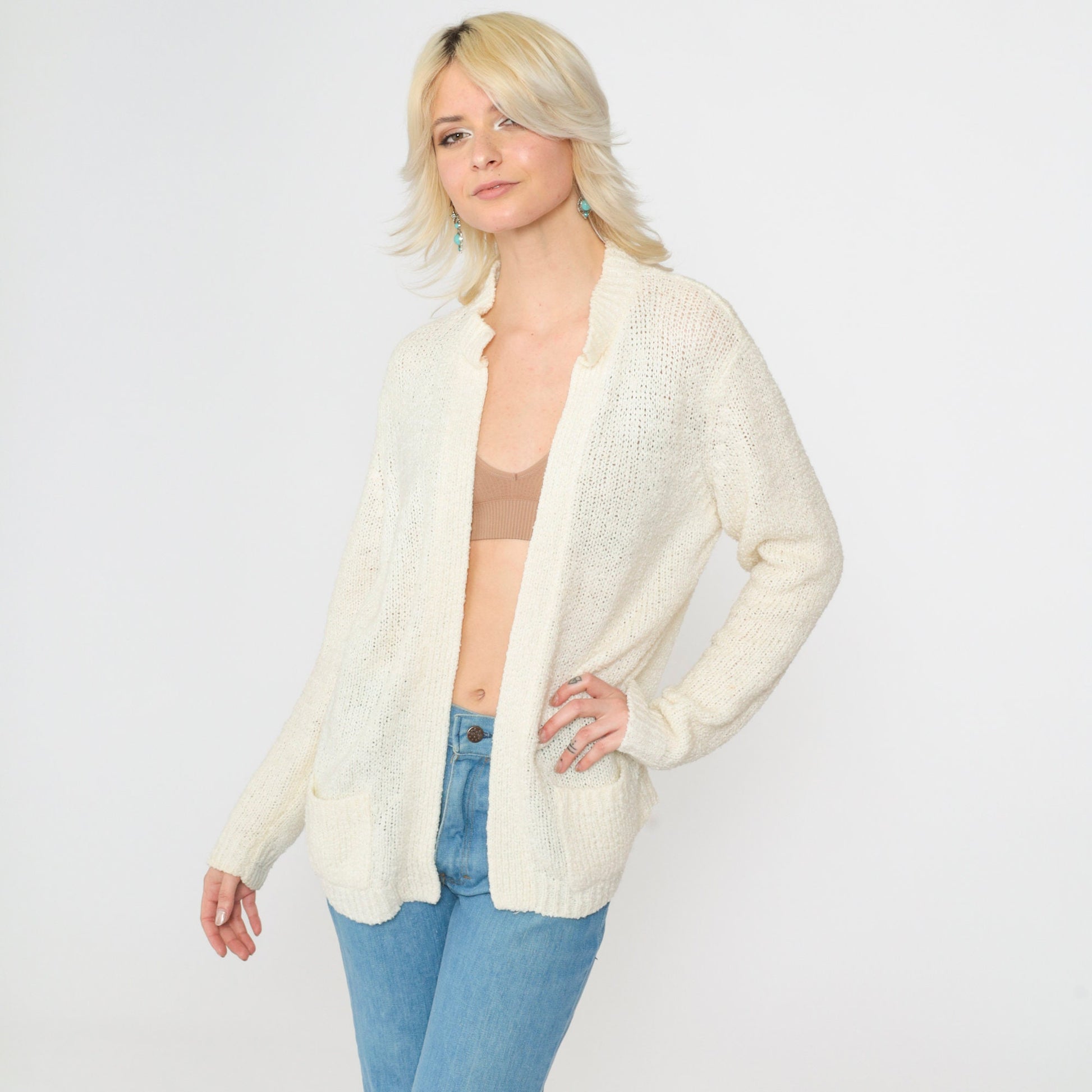 70s Le Roy Knitwear Cream Cardigan Knit Sweater Open Front Pockets Large L