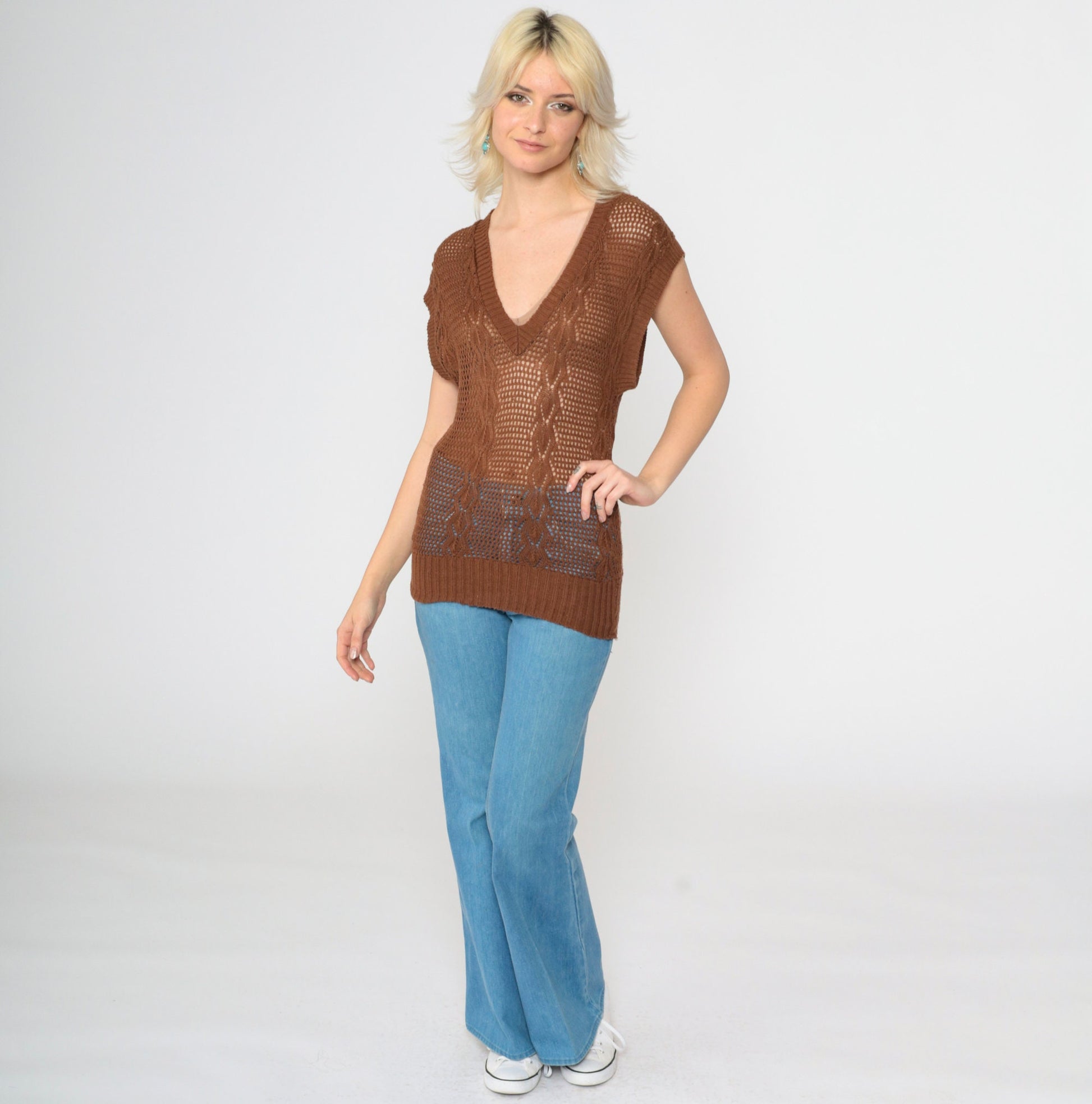 80s Brown Sheer Knit Sweater Vest V-Neck Cap Sleeve Extra Small