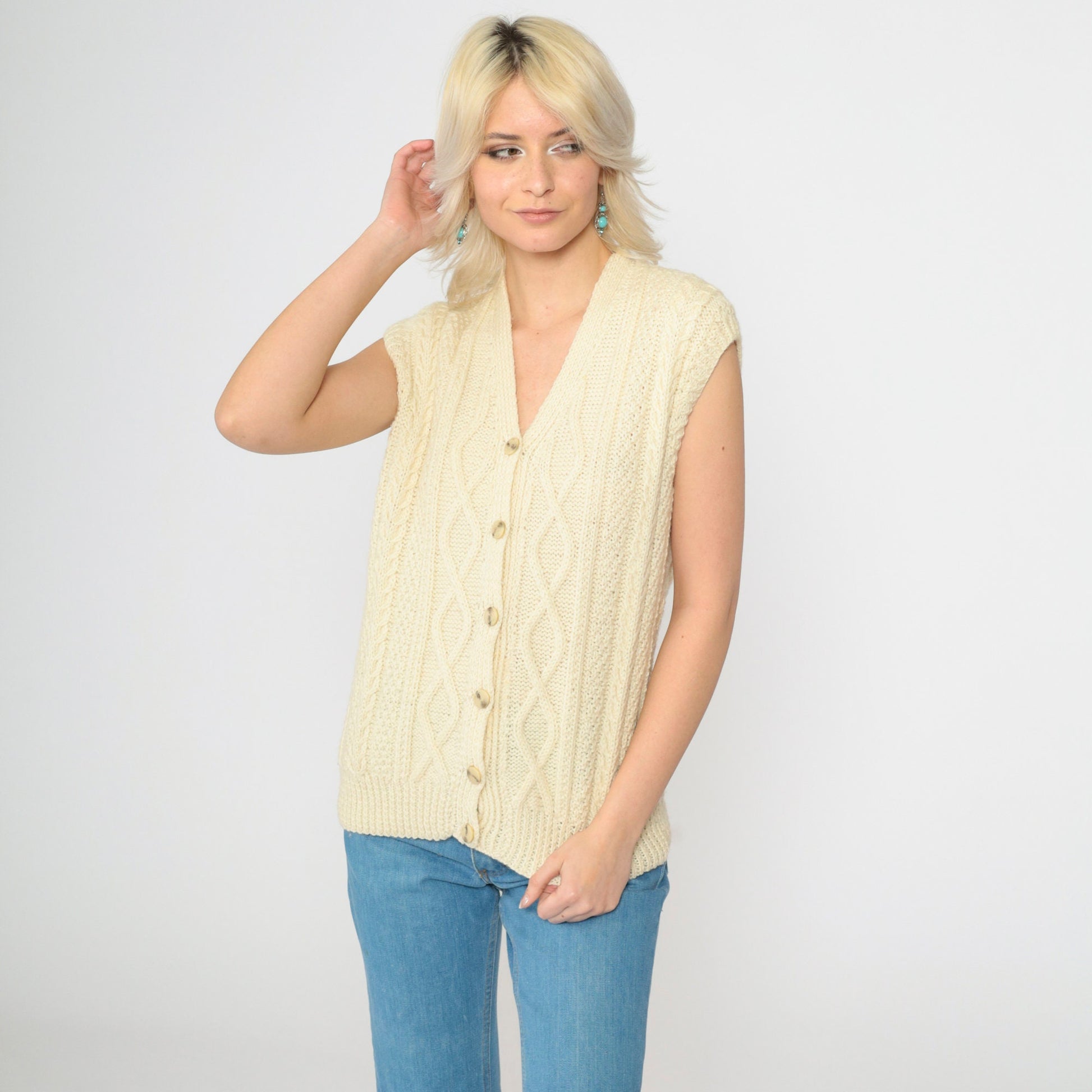 70s Cream Cable Knit Sweater Vest V Neck Button Front Wool Blend Small