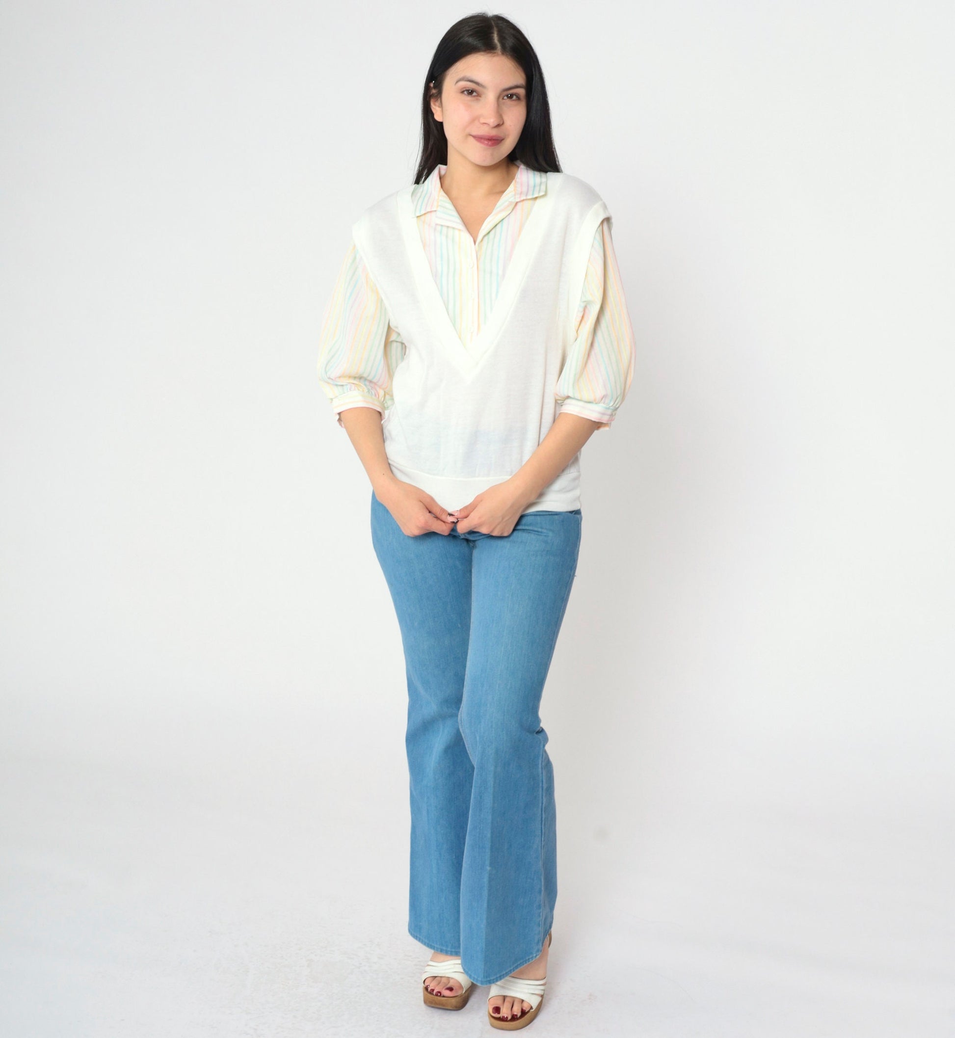 80s Rainbow Striped White Button-Up Blouse with Attached Vest 3/4 Sleeve Medium