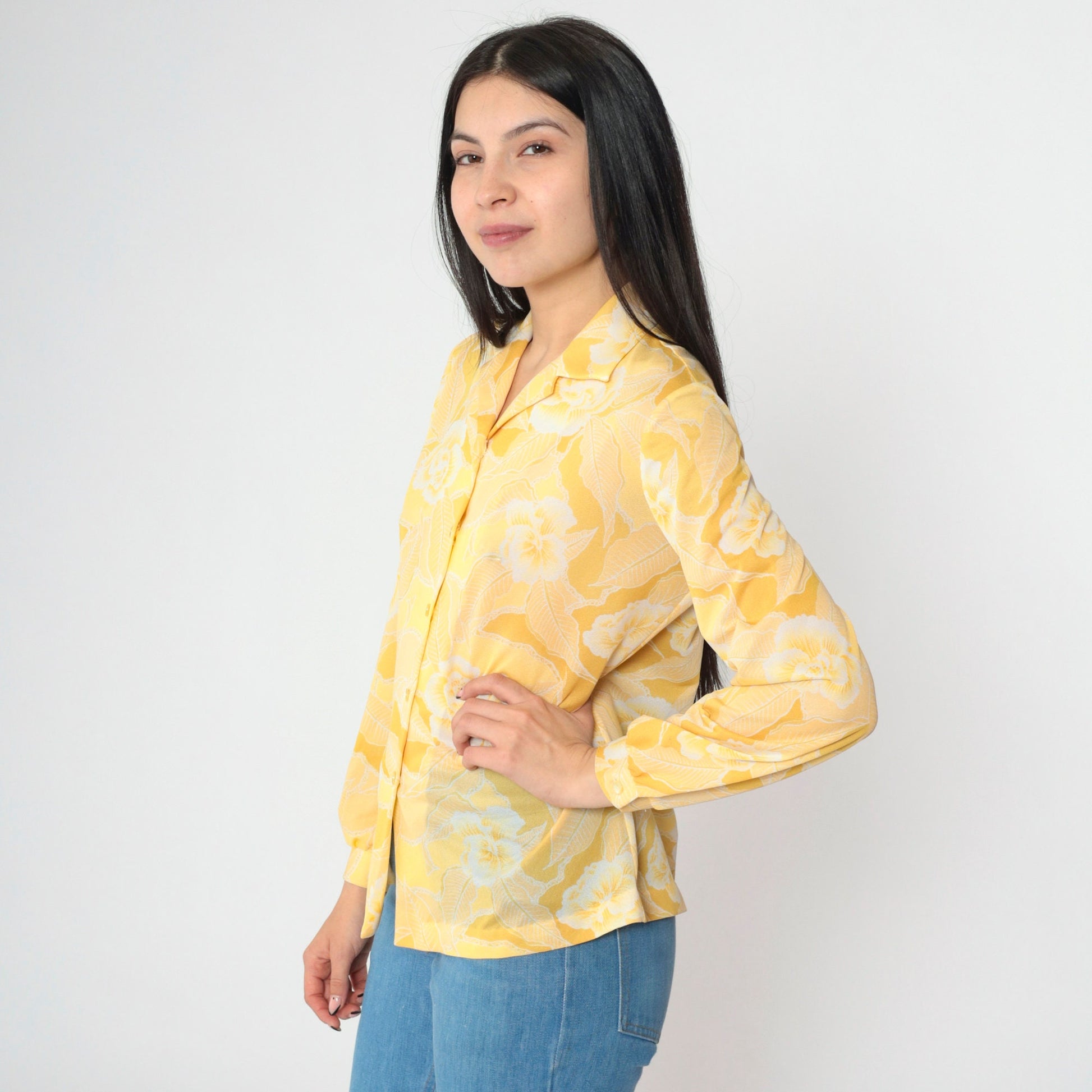 70s Floral Button-Up Shirt Yellow Flower Print Long Sleeve Medium