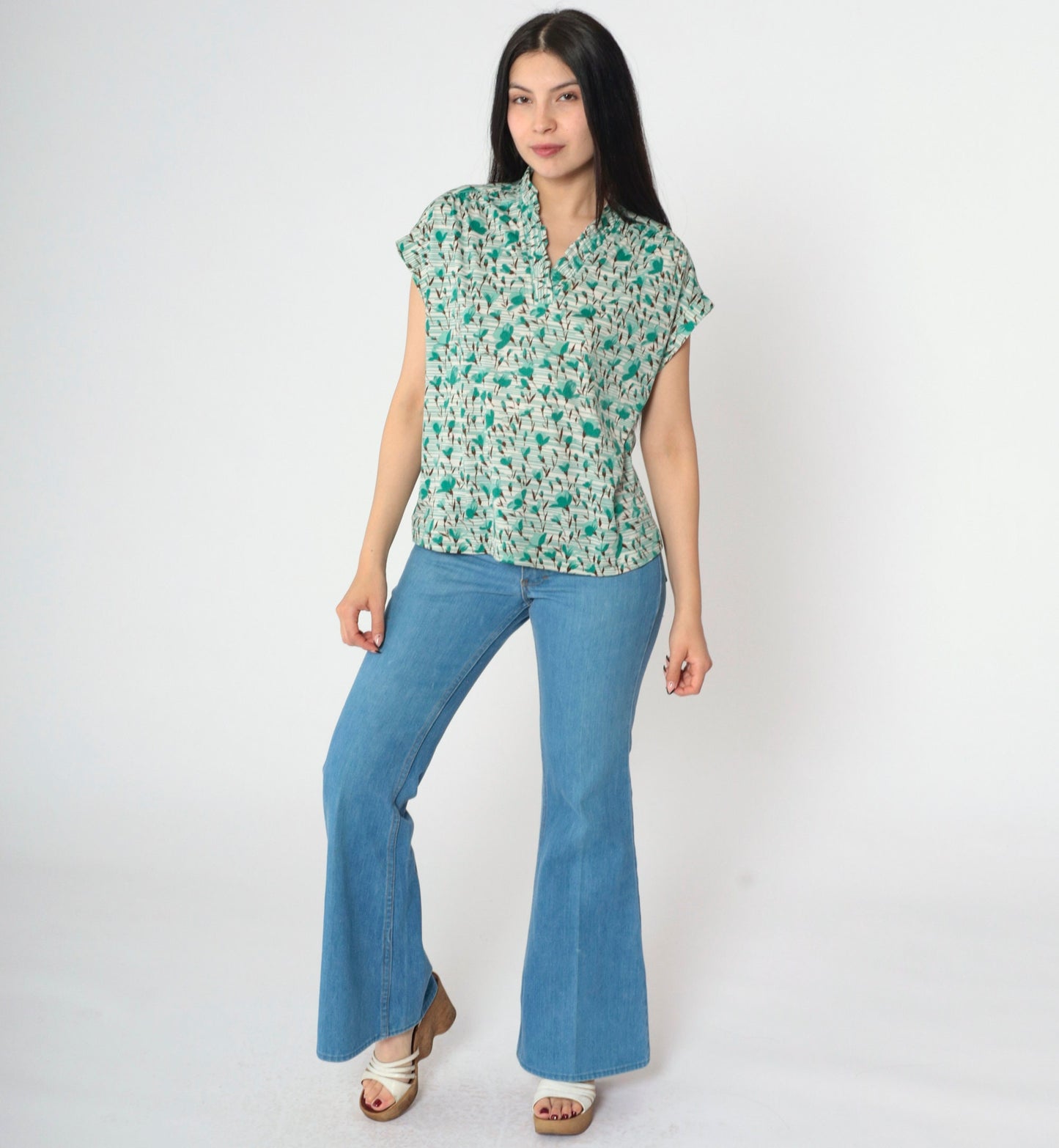 70s Graff Floral Striped Blouse Green Cap Sleeve V Neck Ruffled Small