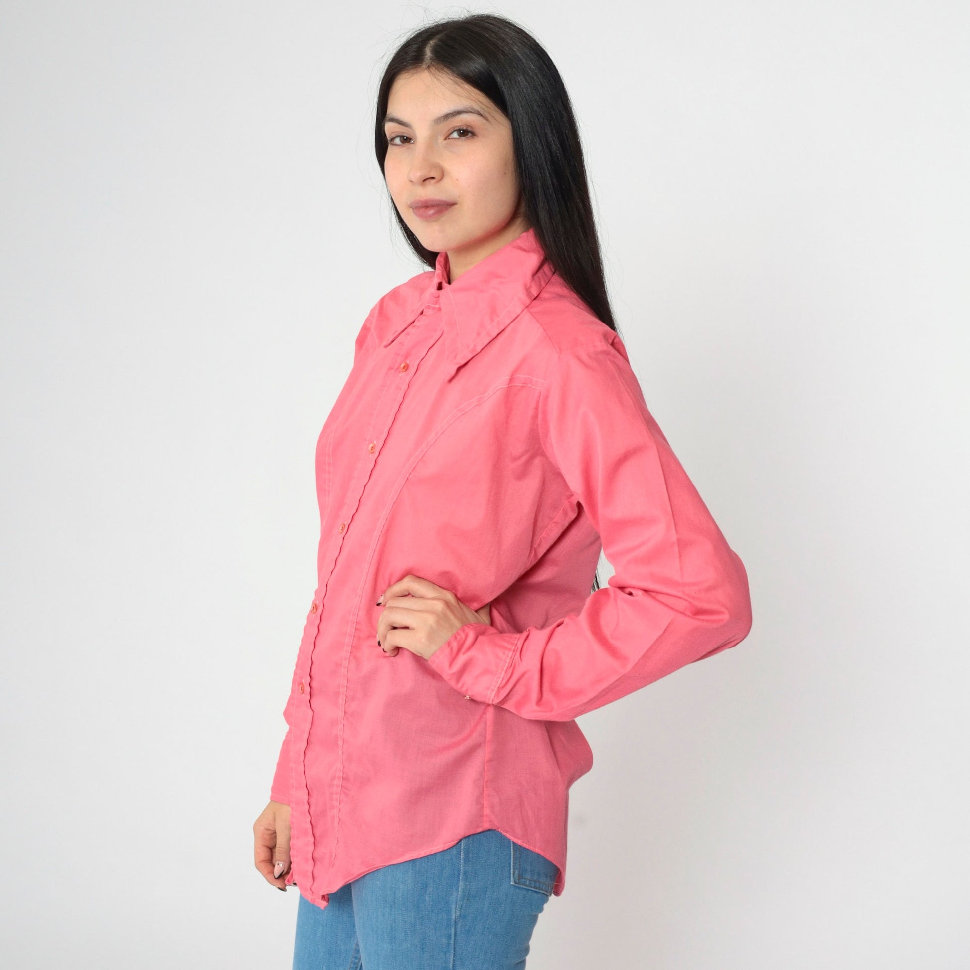 70s Cambridge Pink Dagger Collar Button-Up Shirt Long Sleeve Small