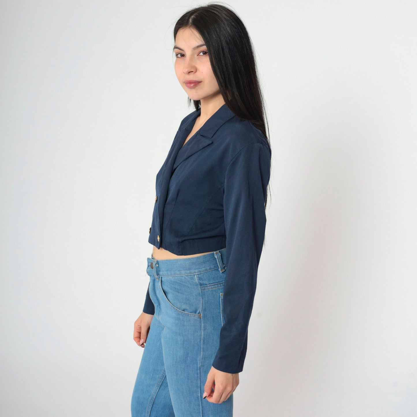 90s Navy Cropped Blazer Double-Breasted Gold Buttons Long Sleeve Small