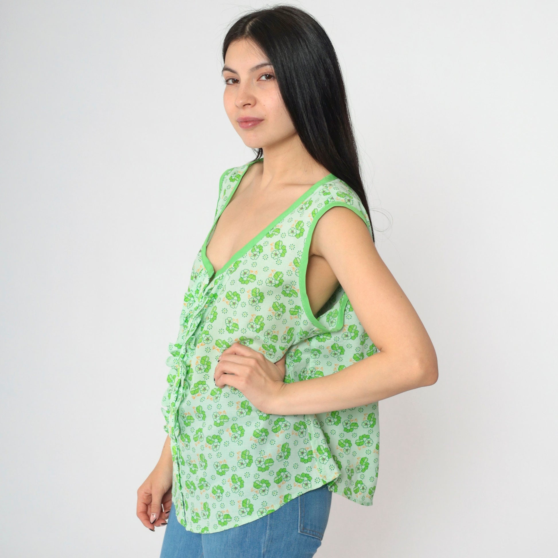 70s Floral Green Tank Top Button-Up Ruffled Sleeveless Blouse Extra Large XL