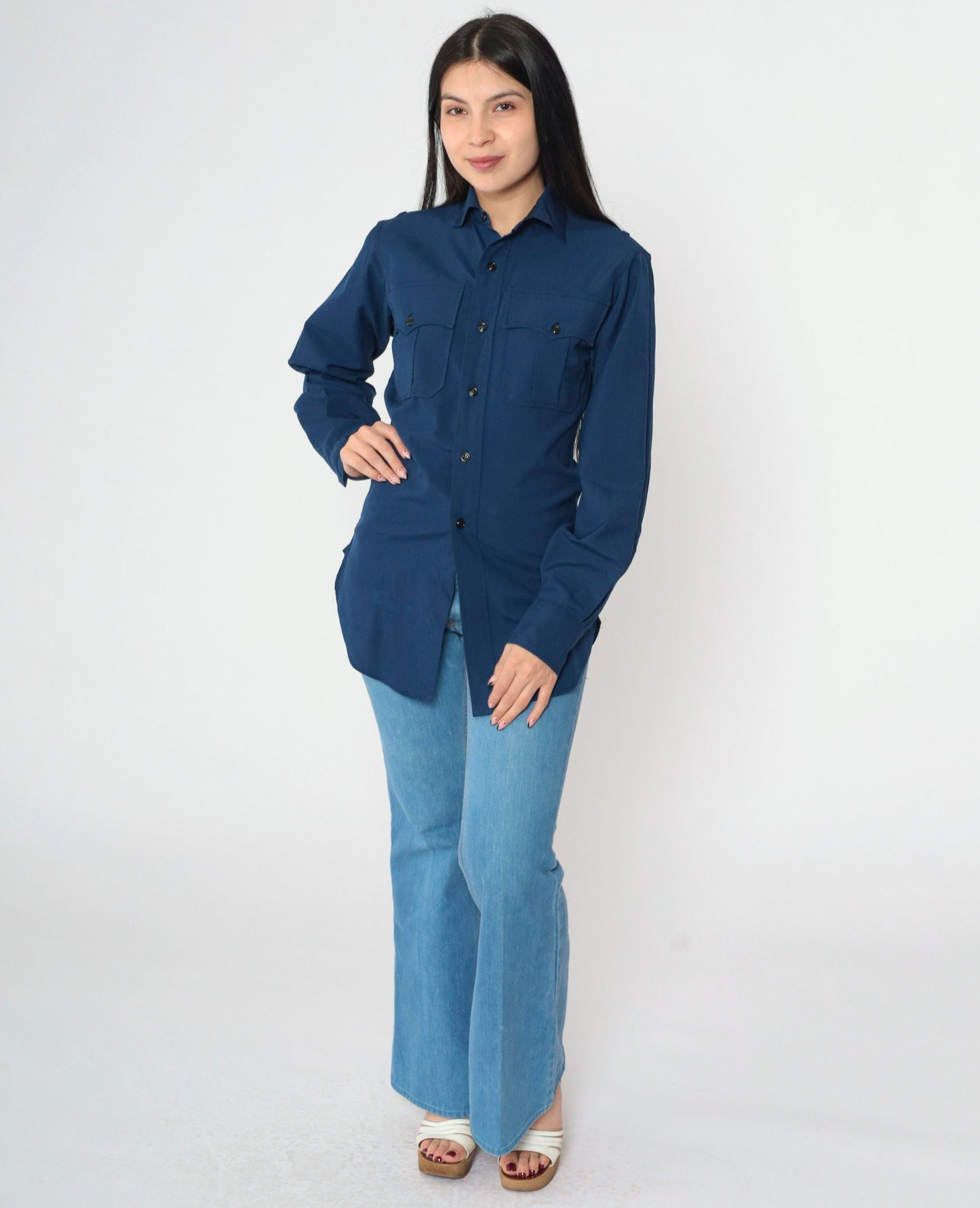 70s Wide Awake Navy Wool Blend Work Shirt Long Sleeve Button-Up XS