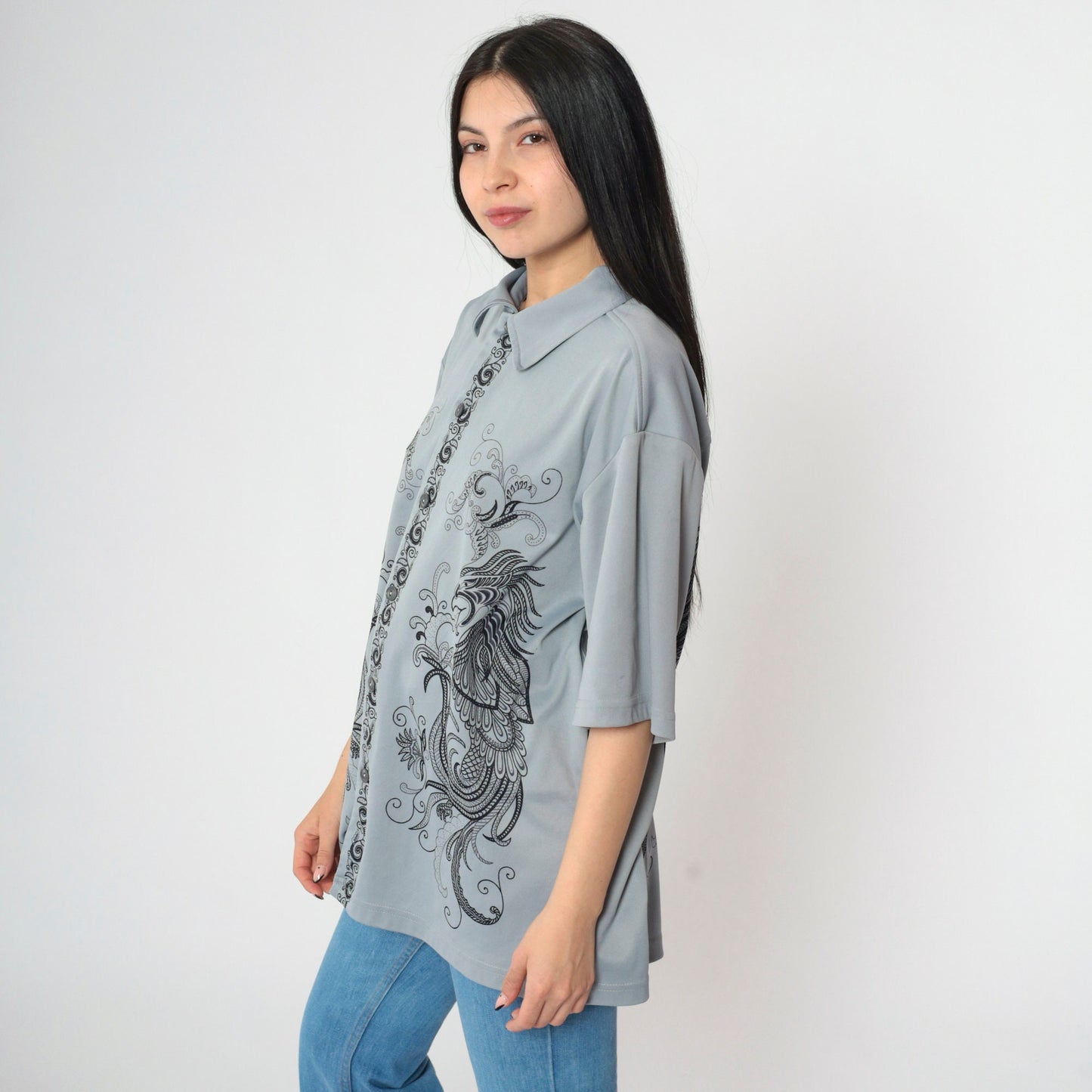 Y2K Dragon Print Button-Up Shirt Grey Short Sleeve Extra Large XXL
