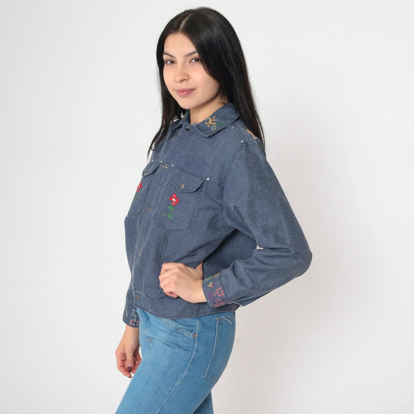 70s Chambray Jacket Floral Embroidered Hand Painted Sun Denim Trucker Small
