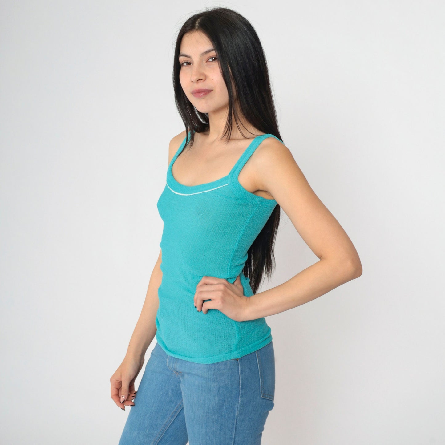 70s Turquoise Knit Tank Top Square Neck Spaghetti Strap Fitted Cami Small