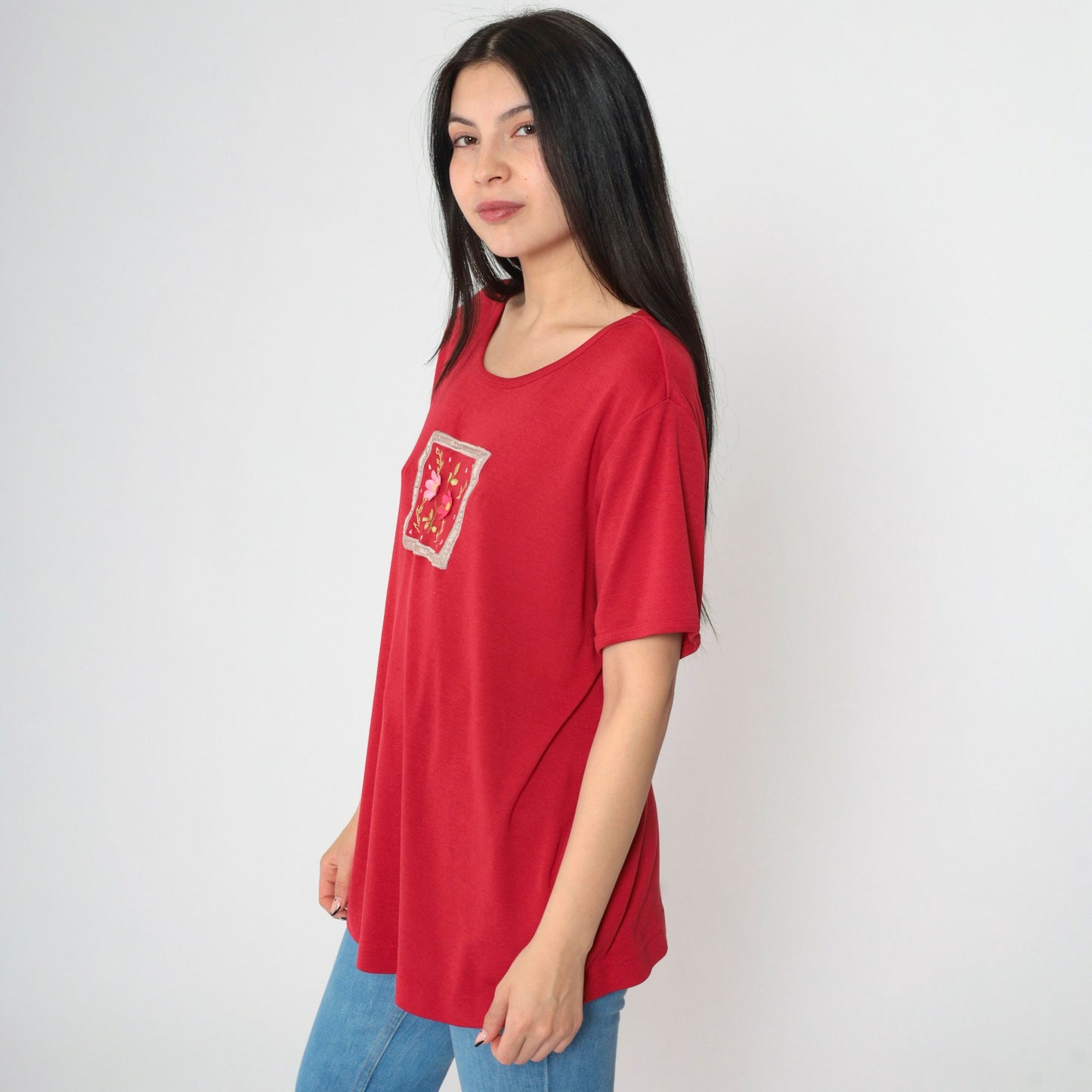 Y2K Floral Embroidered T-Shirt Red Graphic Tee Short Sleeve Extra Large XL