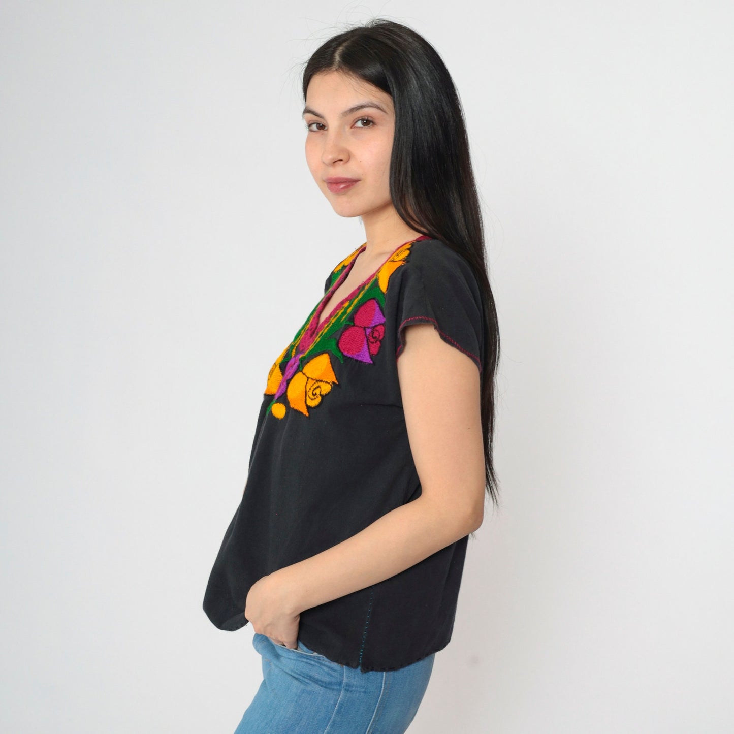 90s Mexican Floral Embroidered Blouse Black Short Sleeve Medium