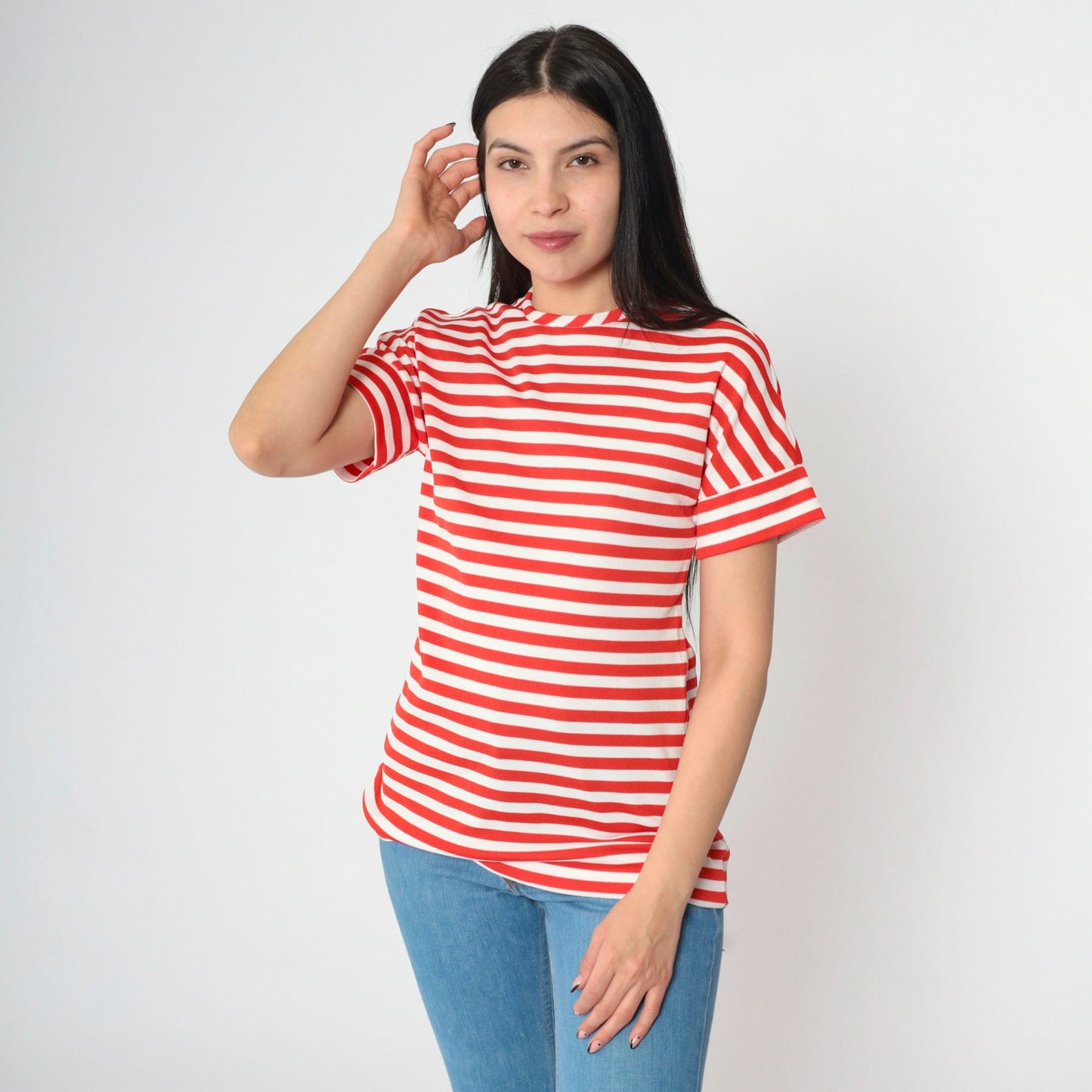 70s Jonathan Logan Striped Blouse Red White Short Sleeve Rear Zip Small